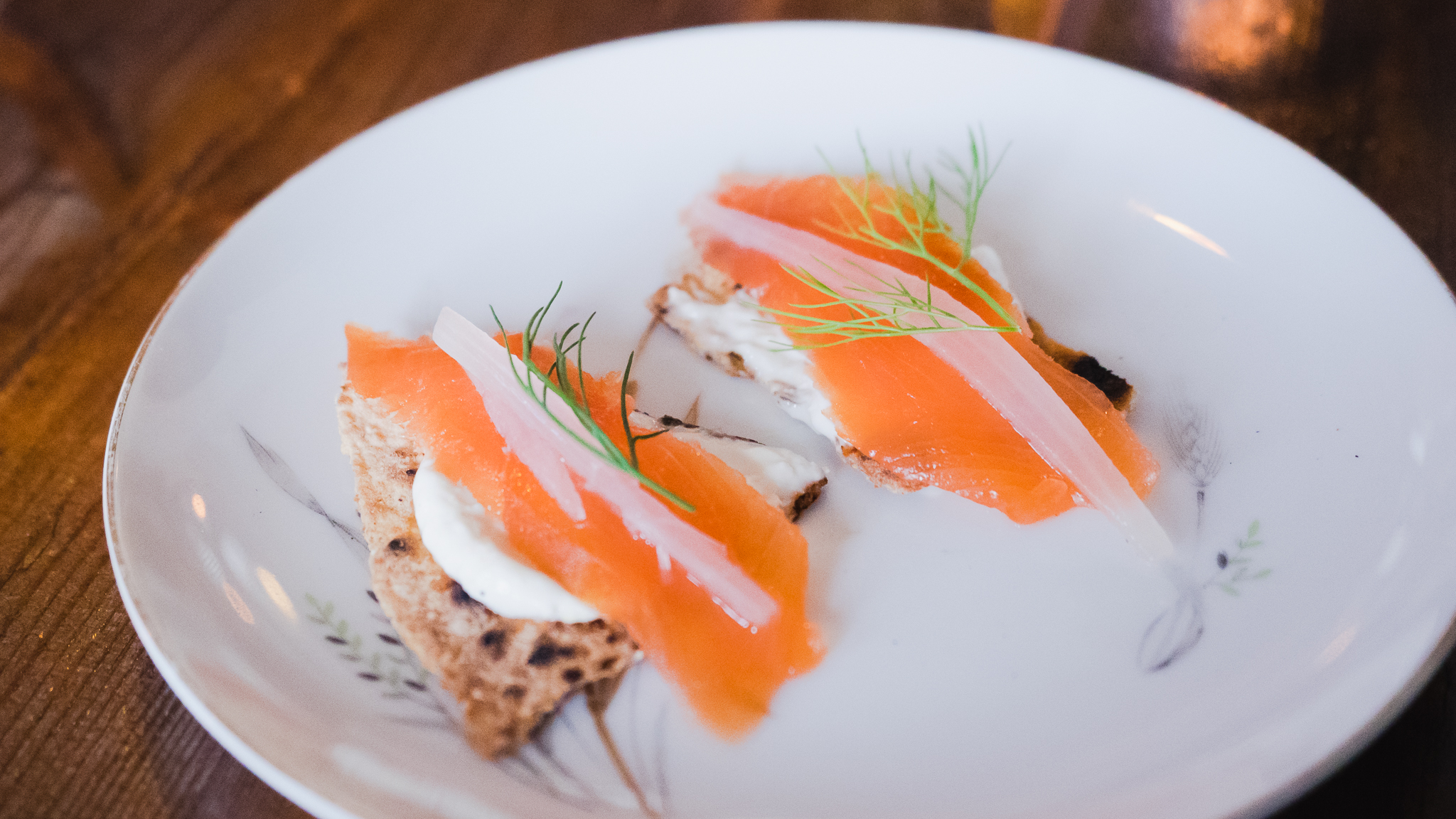 course 2, both menus. trout smoked in sheep's dung, horseradish on burnt flatbread.