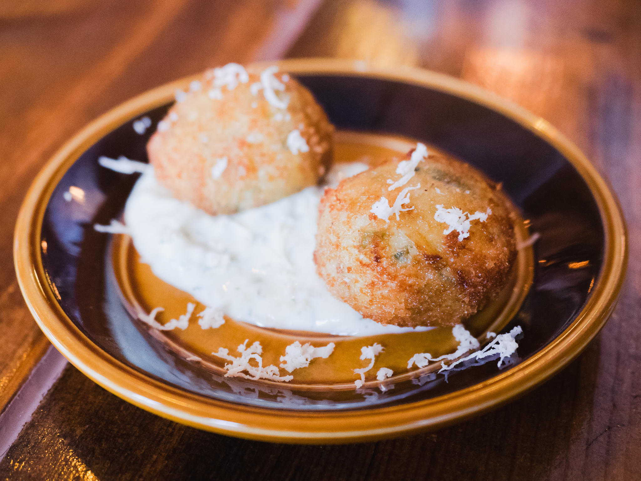 course 4, both menus. salted cod croquettes and horseradish remoulade.