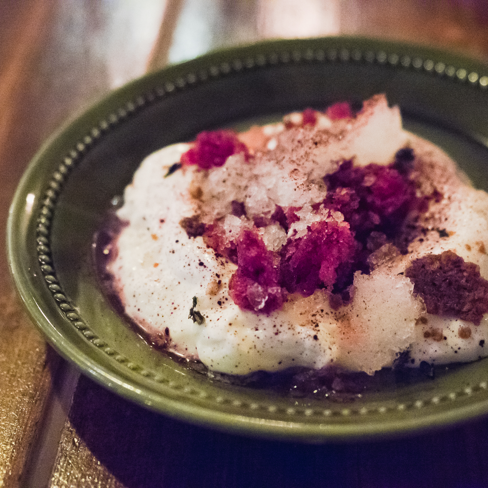 course 7, both menus. skyr with blueberries, oats and whey granita.