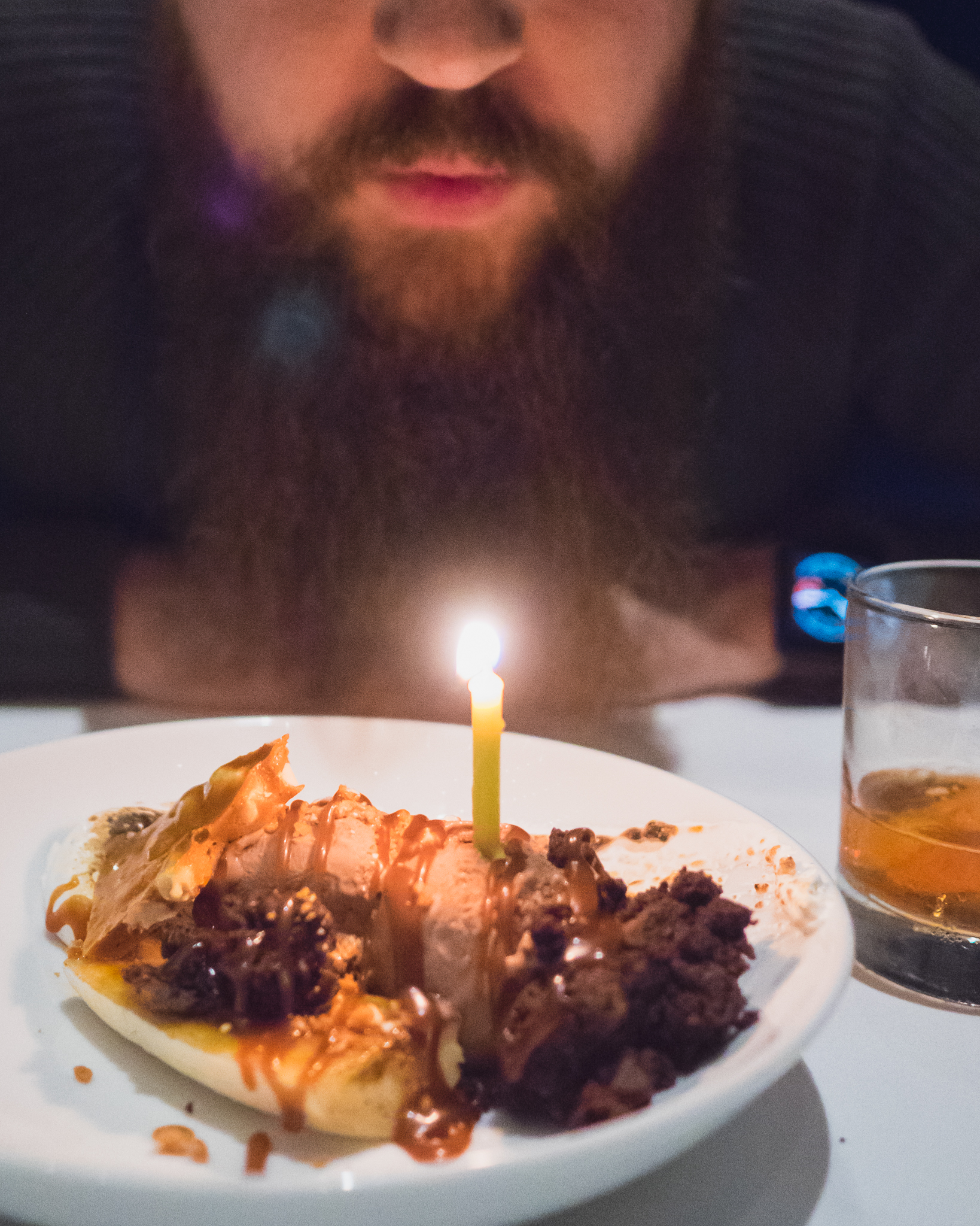 caramelized banana split with theo chocolate ice cream, peanut brittle, chocolate cake and smoked marshmallow.