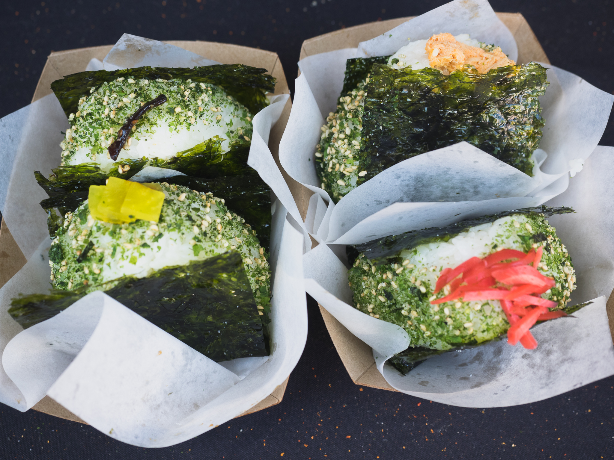 kelp, unagi, spicy tuna and beef musubis.