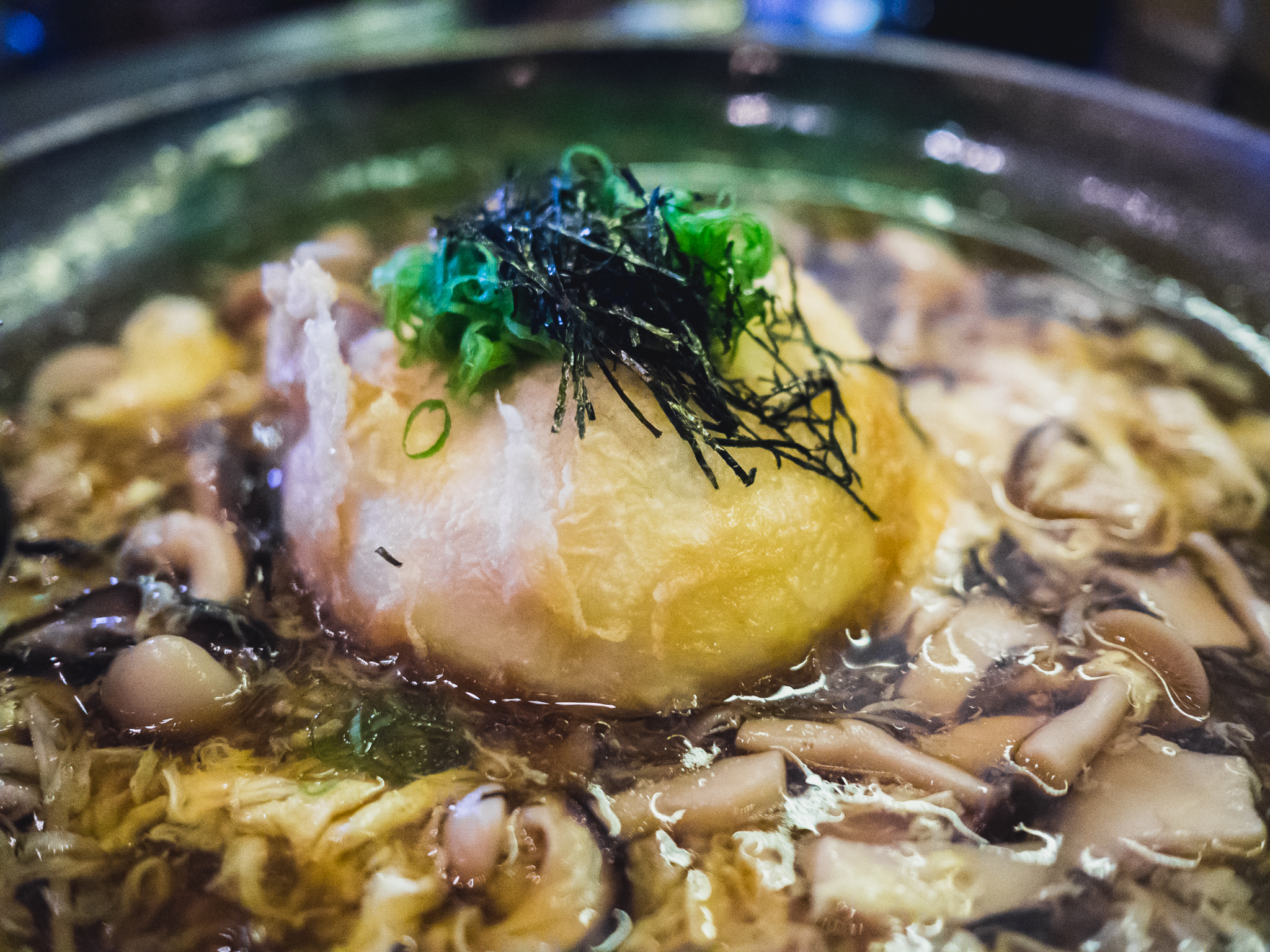 kinjiro agedashi homemade tofu , organic mushroom ankake sauce.