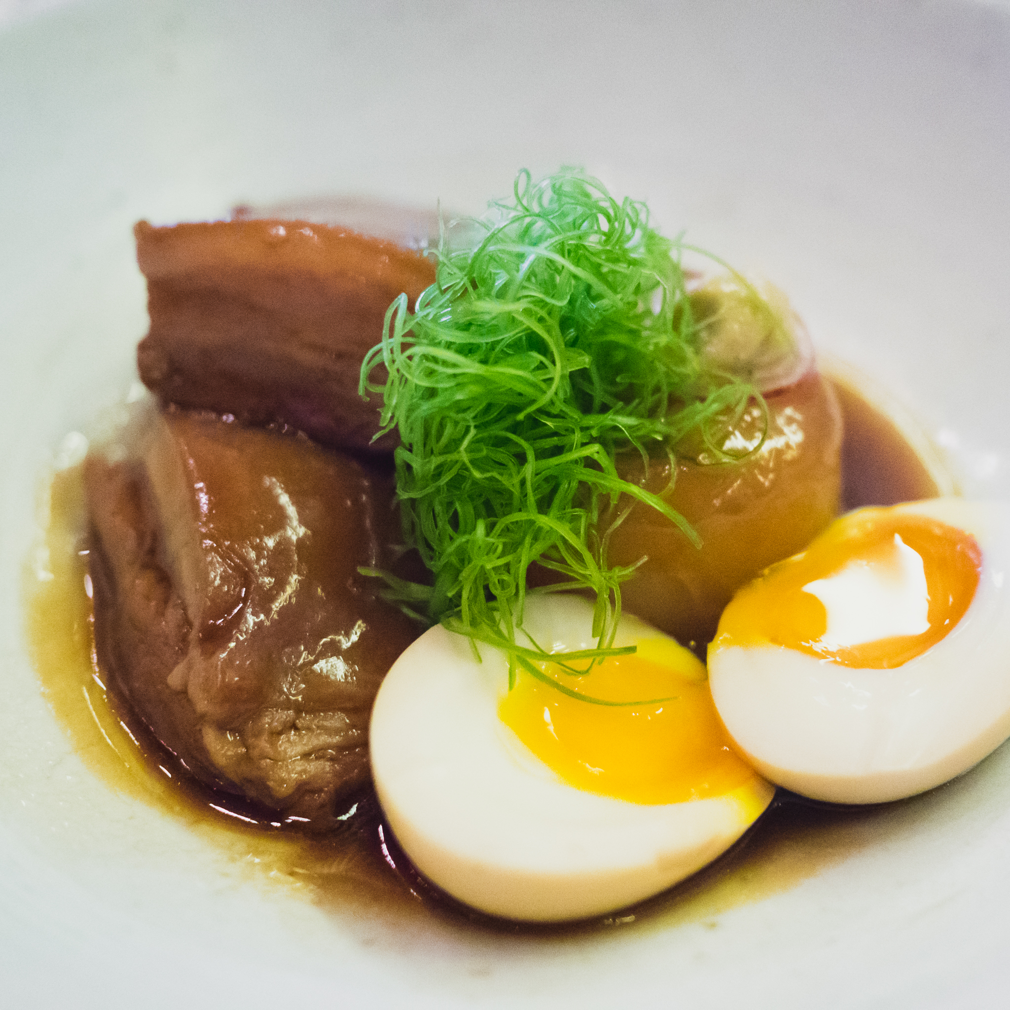 niman ranch pork belly kakuni , half boiled free range egg and daikon.