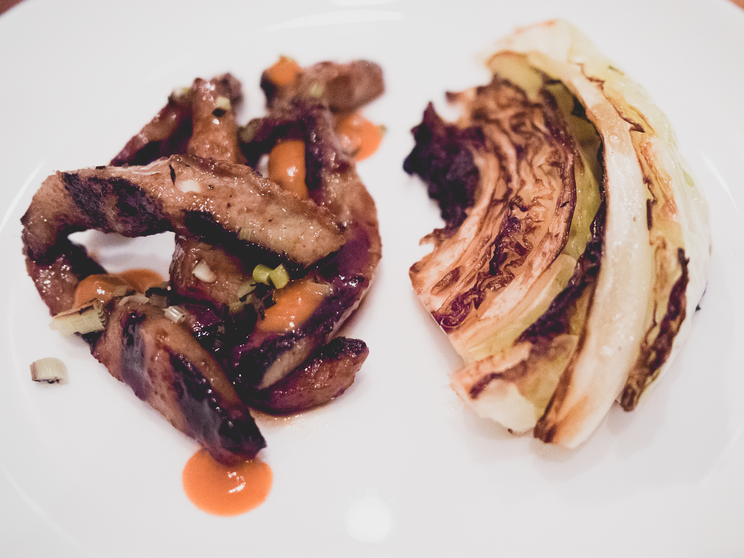 peads and barnetts pork toro, plum char siu, cabbage, kanzuri, green garlic.