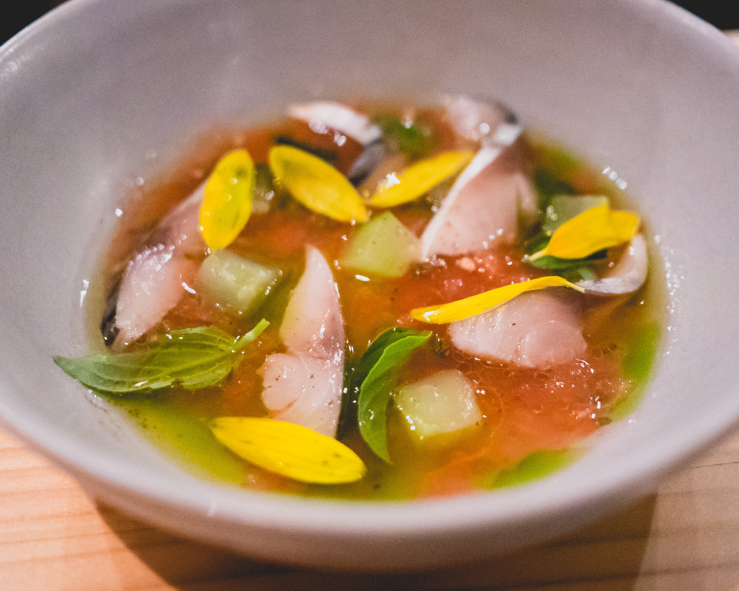 norwegian mackerel , tomato, garlic, basil, cucumber.