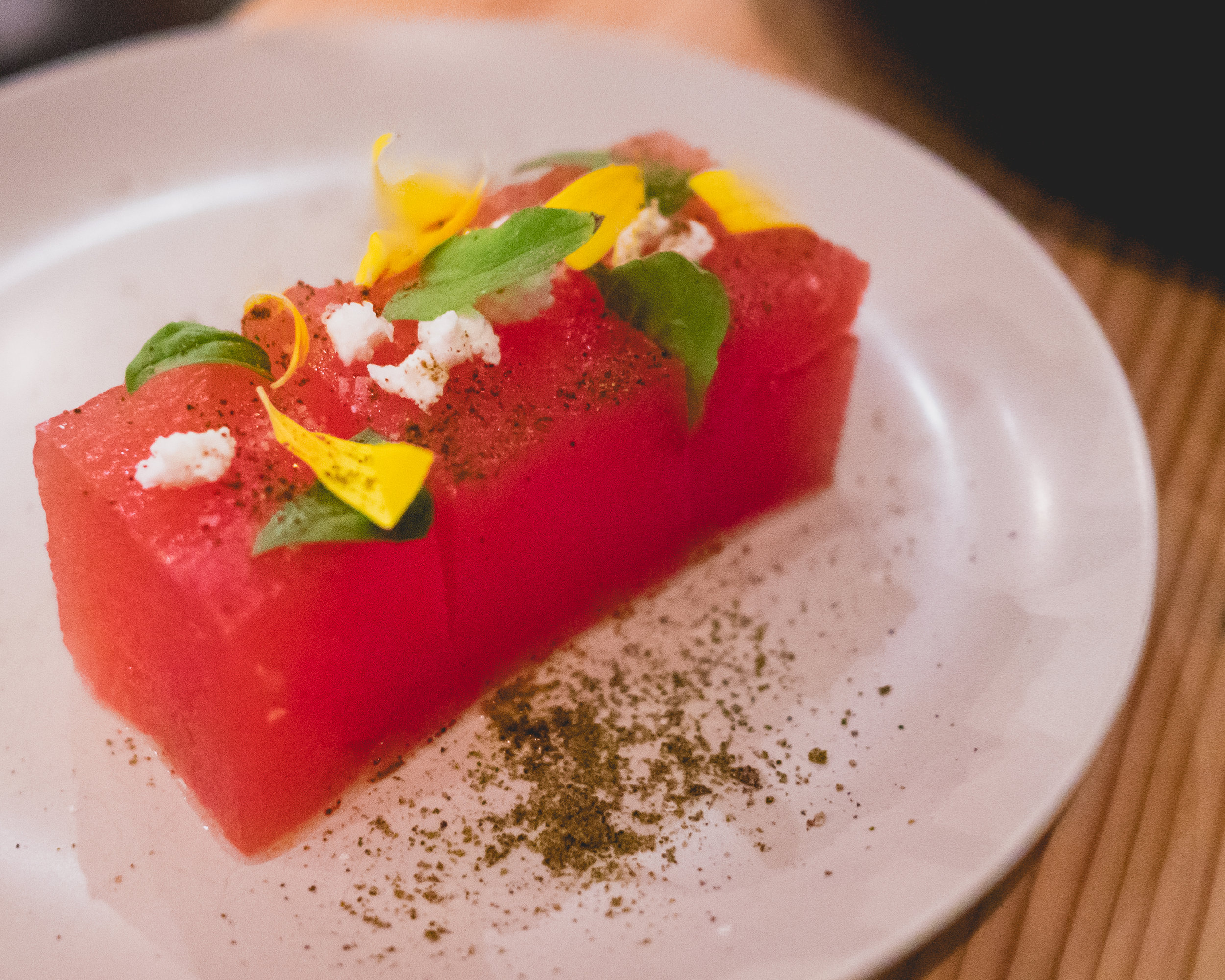 (dimsum) watermelon , lime, serrano, pure luck feta.