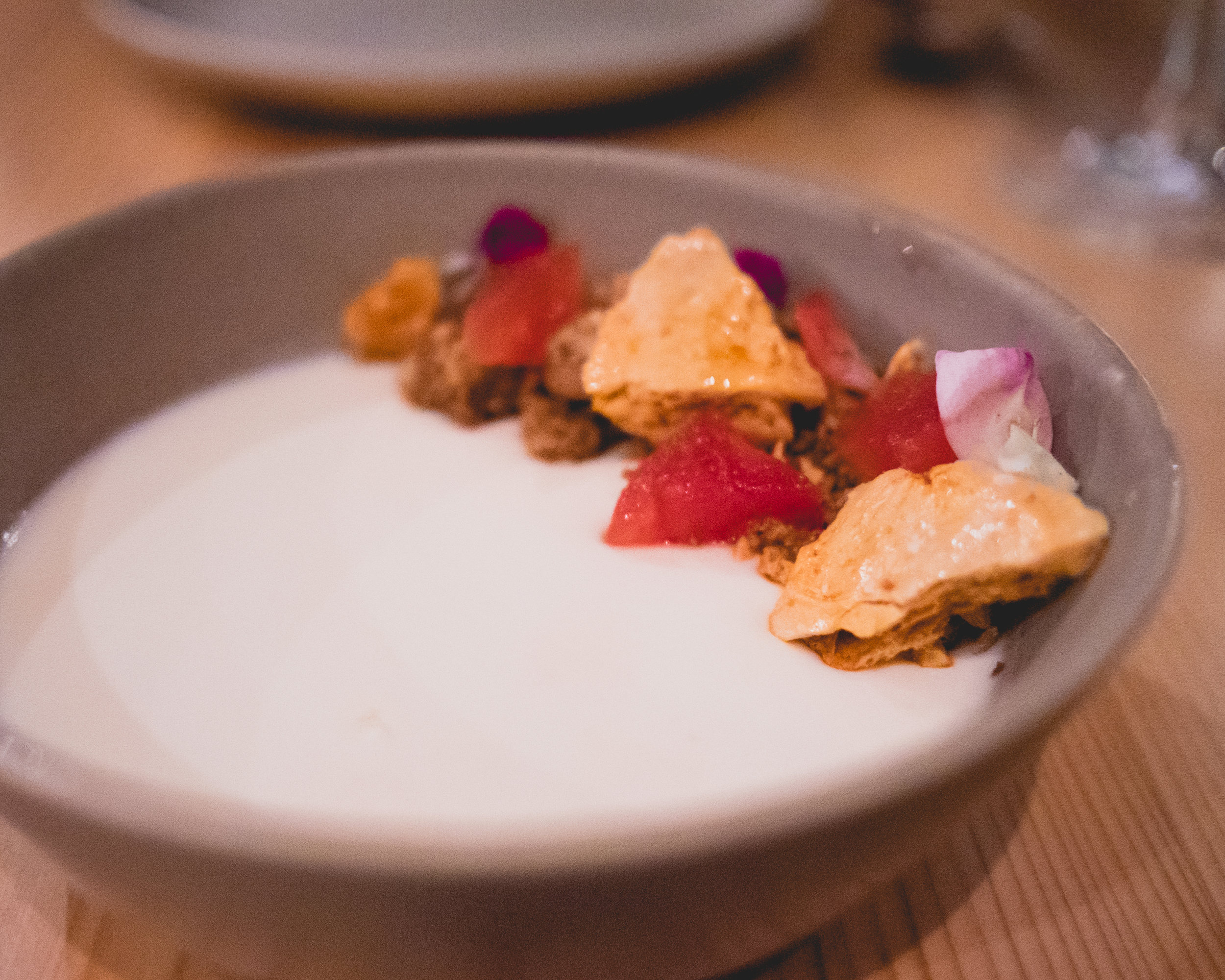 panna cotta , honeycomb, pecan granola, watermelon.