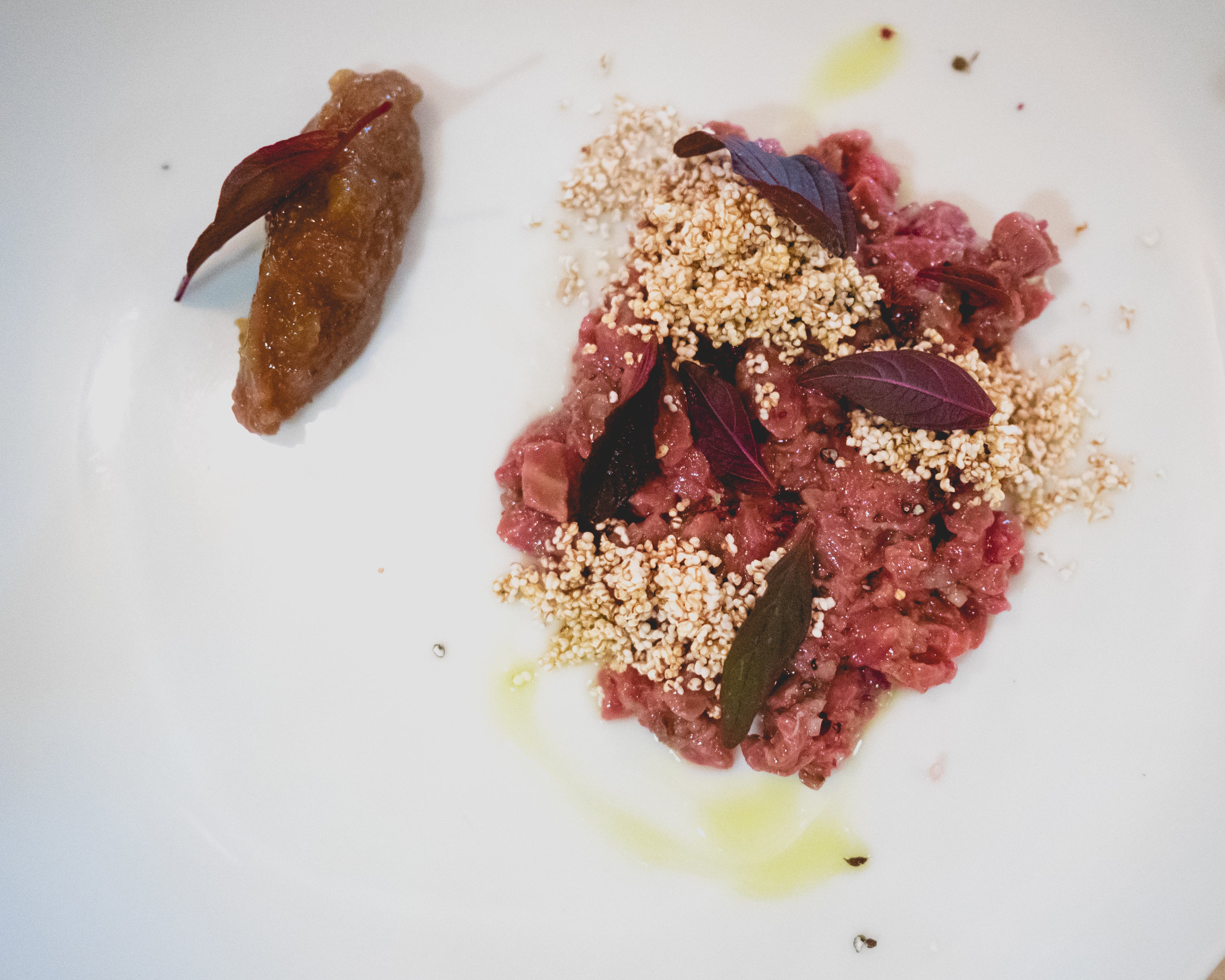 ii. tartare with meyer lemon vinaigrette, amaranth, texas olive oil, fig jam, rye crisps.