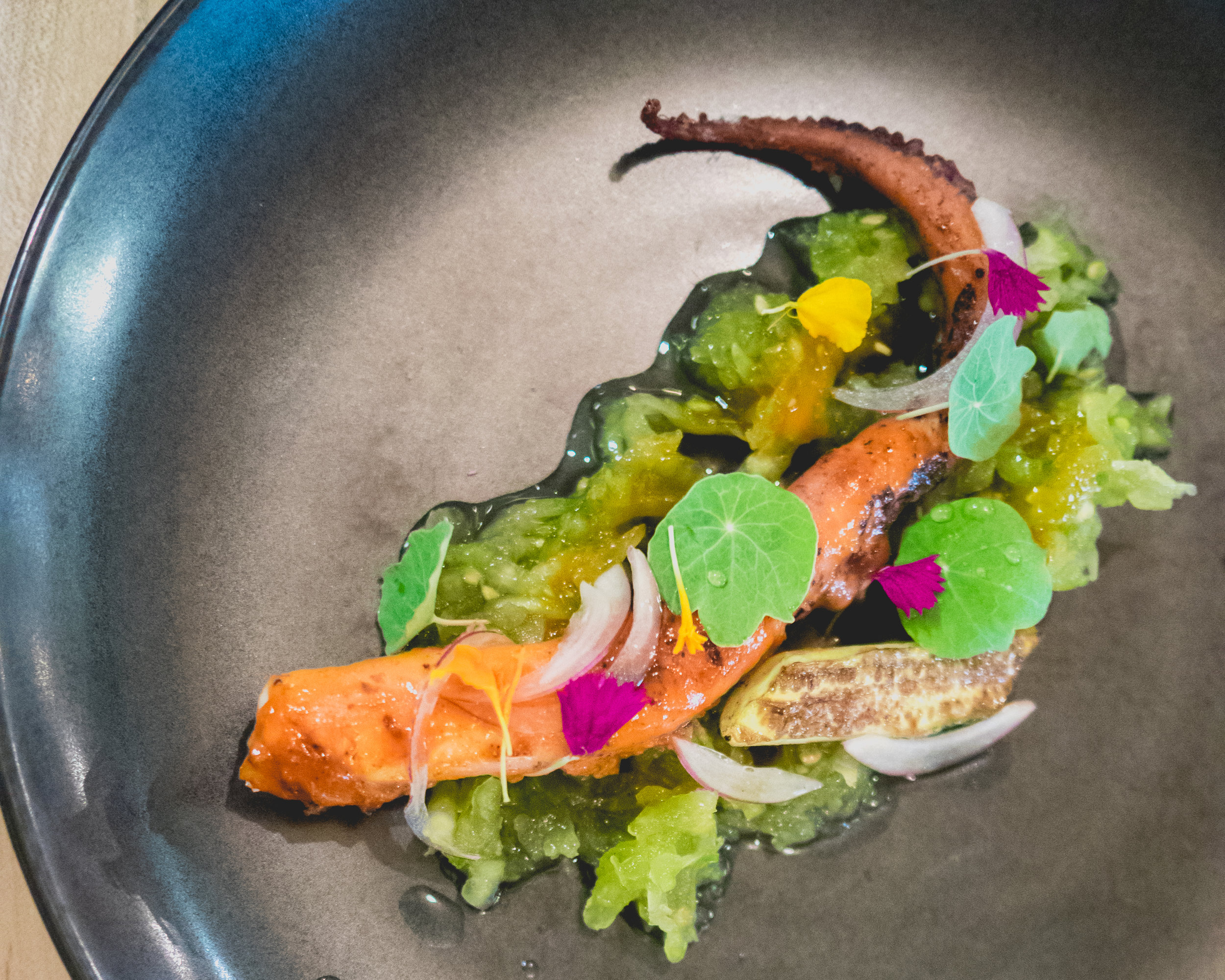 iii. spanish octopus, confit and grilled, green tomato relish, grilled cucumber, nasturtium, local flowers.