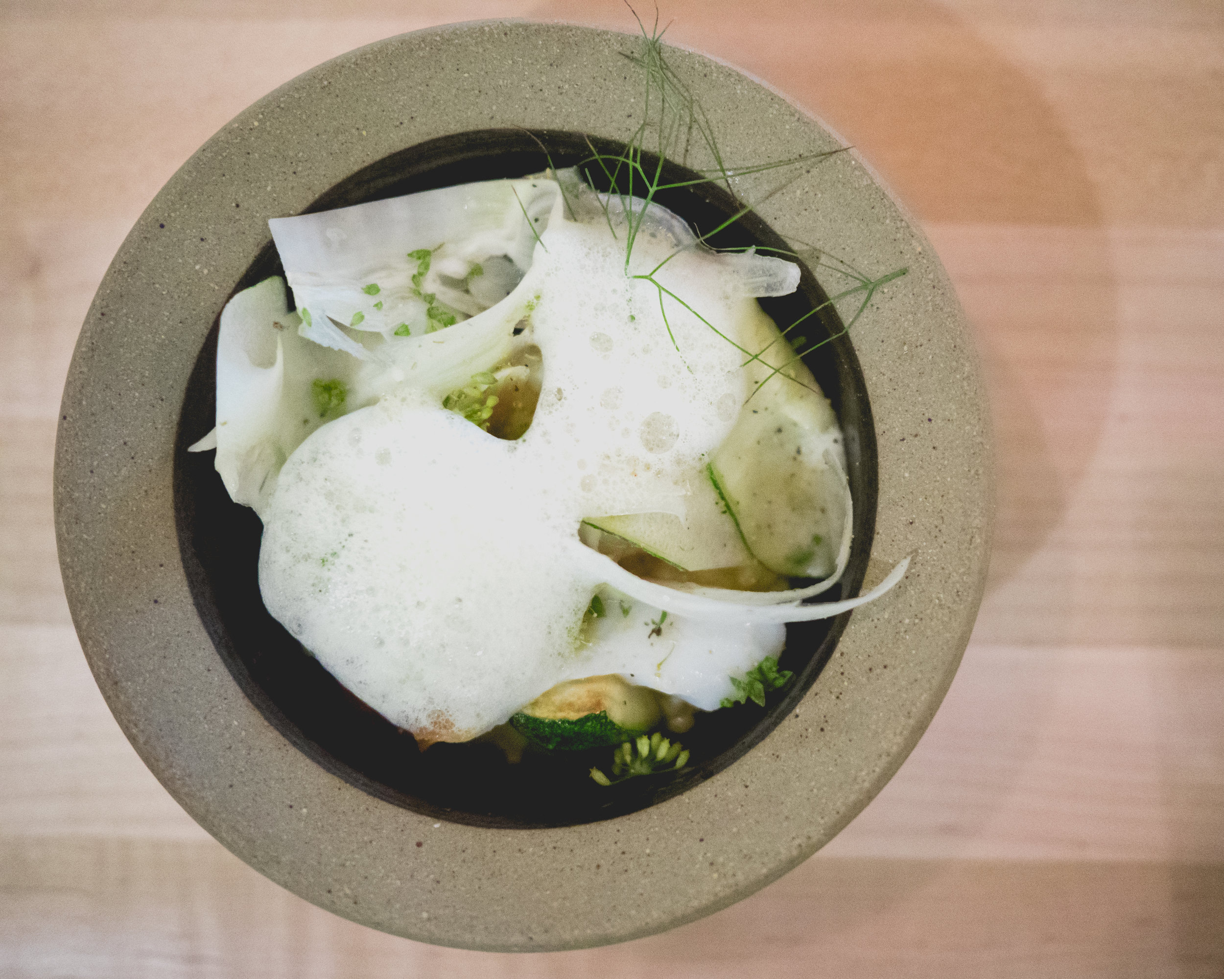 iv. springdale summer squash, carolina gold rice, picual olive oil, garlic, cod, fennel, tomato foam.