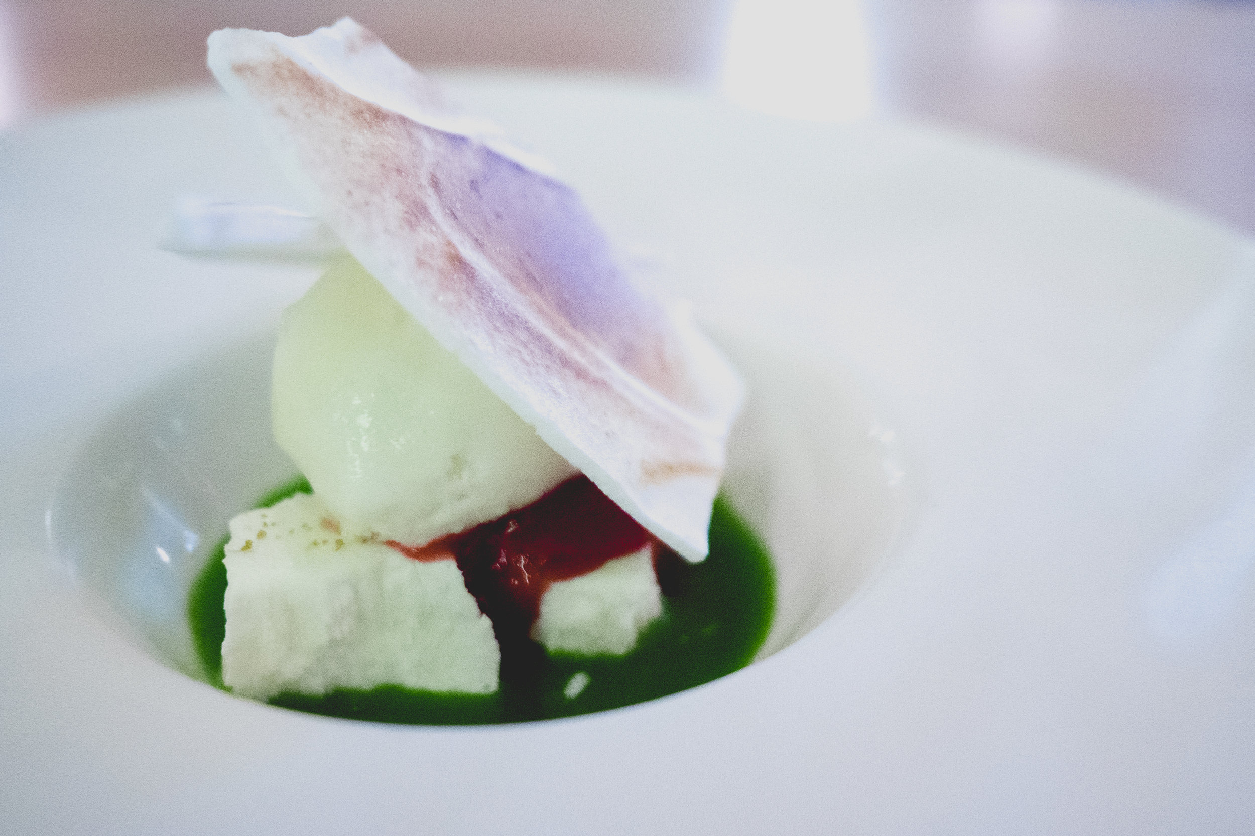 vii. solstice shiso jus, creme fraiche mousse, fennel ice cream, plum jam, meringue.