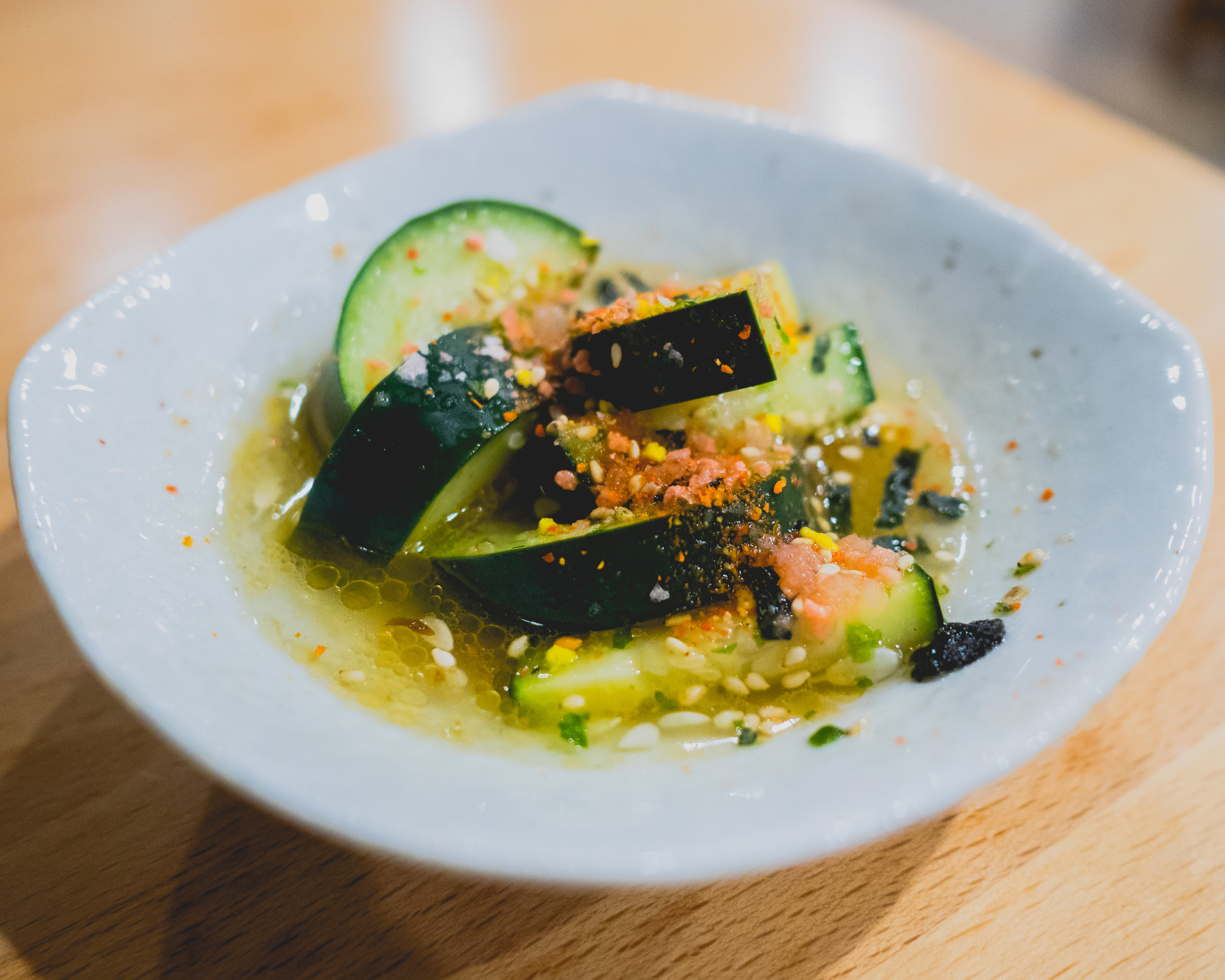 I. sweet fermented cucumber / furikake / shichmi