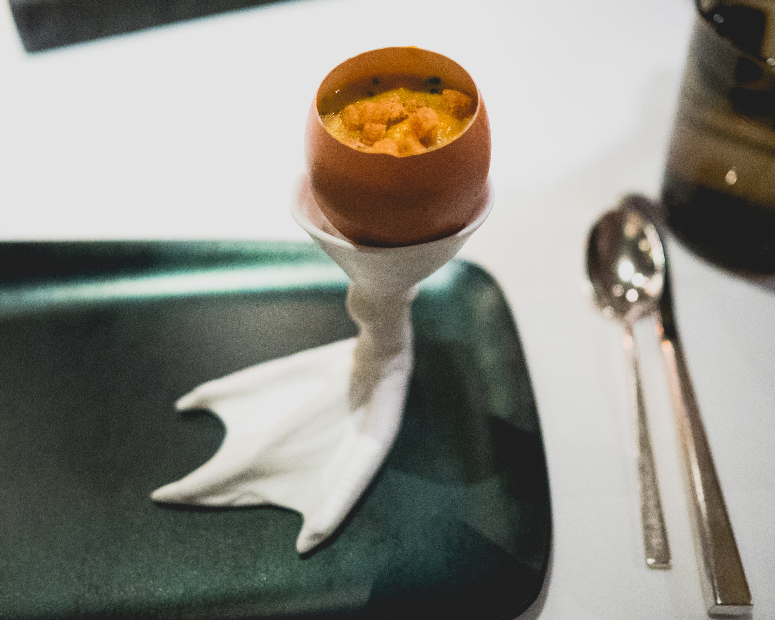 uni egg: sea urchin, champagne beurre blanc, brioche croutons.