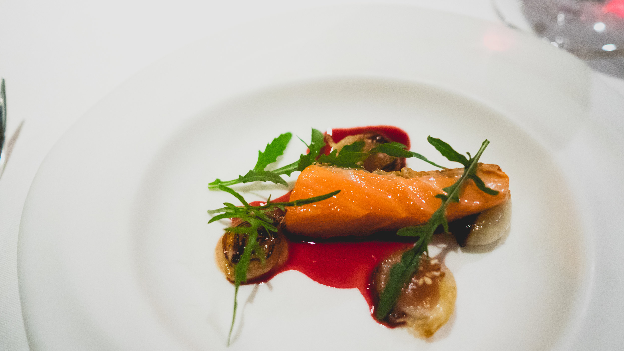 salmon, smoked apple, hibiscus, cipollini.
