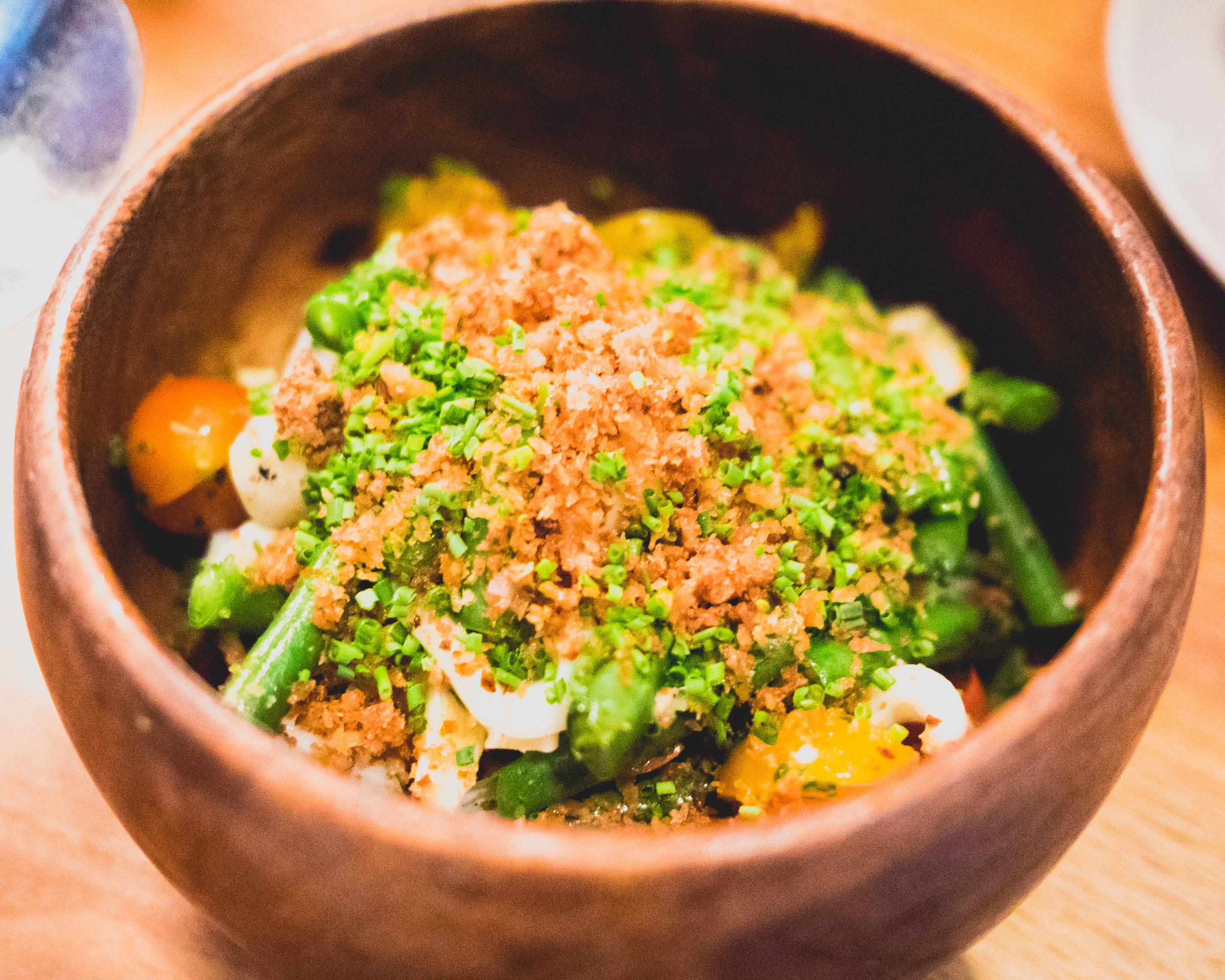 grilled calamari , blue lake beans, almonds, lemon breadcrumbs.
