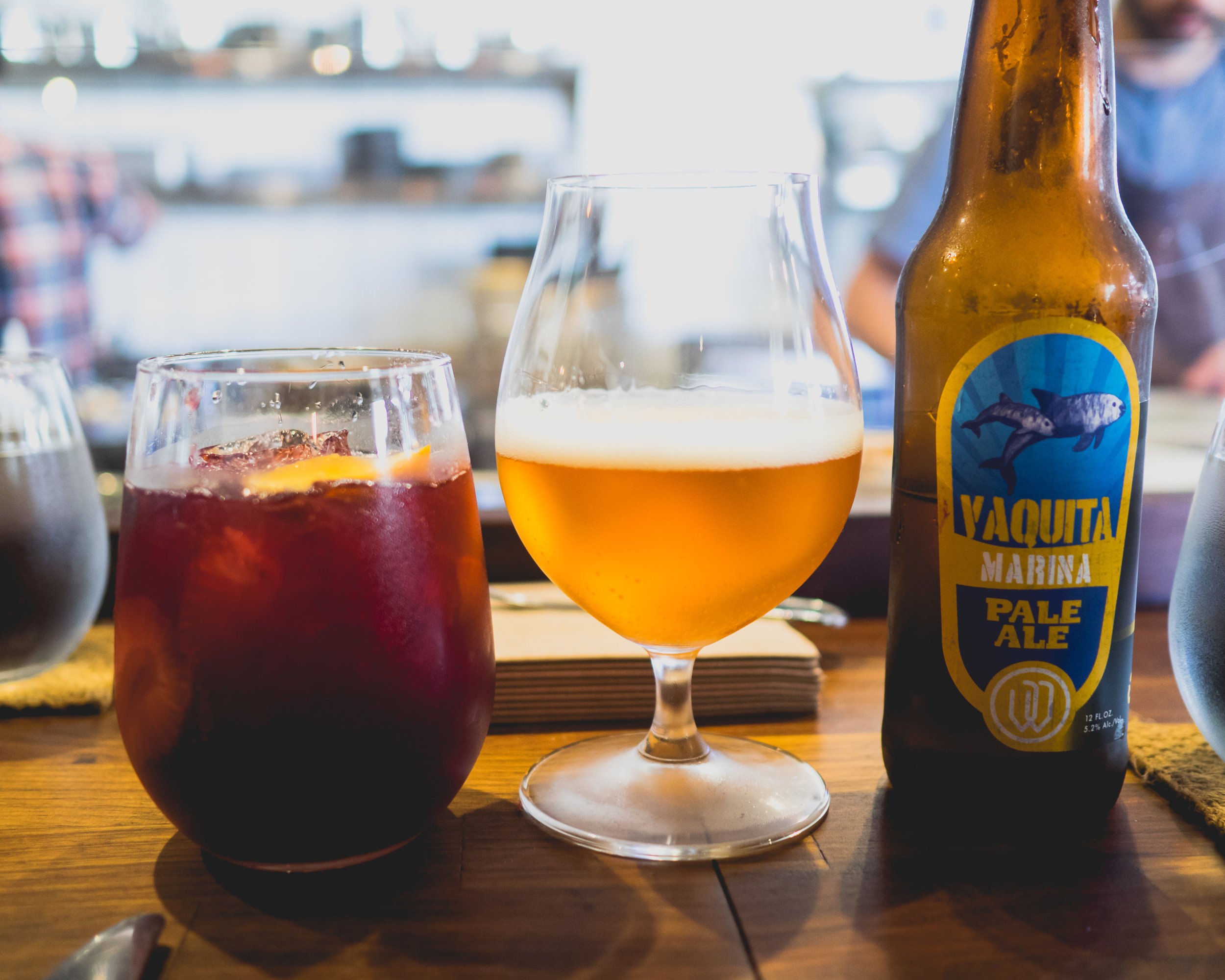 red sangria with seasonal fruit, hibiscus, star anise; vaquita marina pale ale from ensenada, mexico.