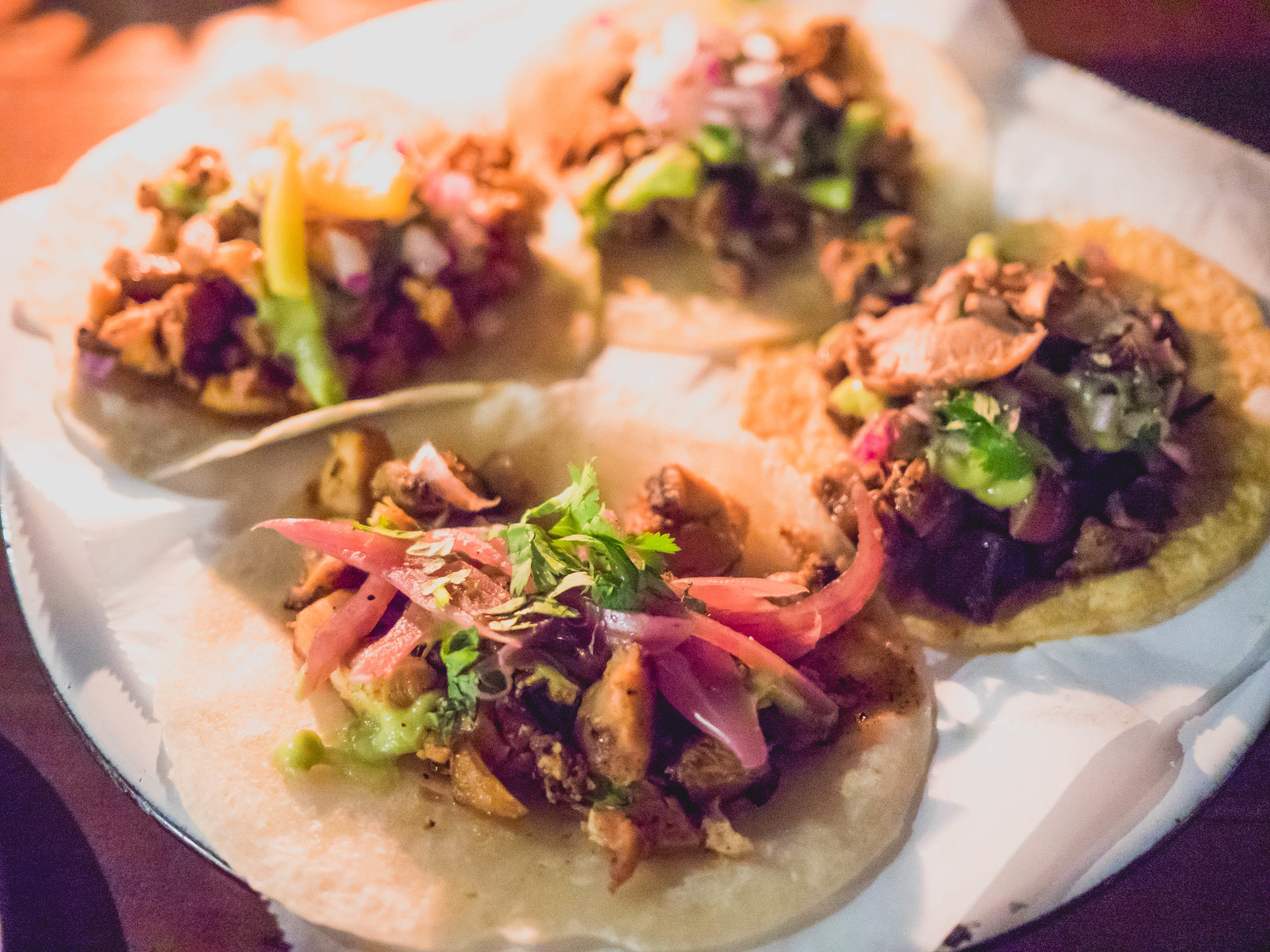 tacos . clockwise from upper left: al pastor (avocado, salsa vaquera, cilantro & red onion, pineapple), carne asada (avocado, salsa vaquera, cilantro & red onion), vegetable (chanterelle, pickled shiitake & roasted potato on corn tortilla), pollo asado (avocado, salsa vaquera, cilantro & pickled red onion).