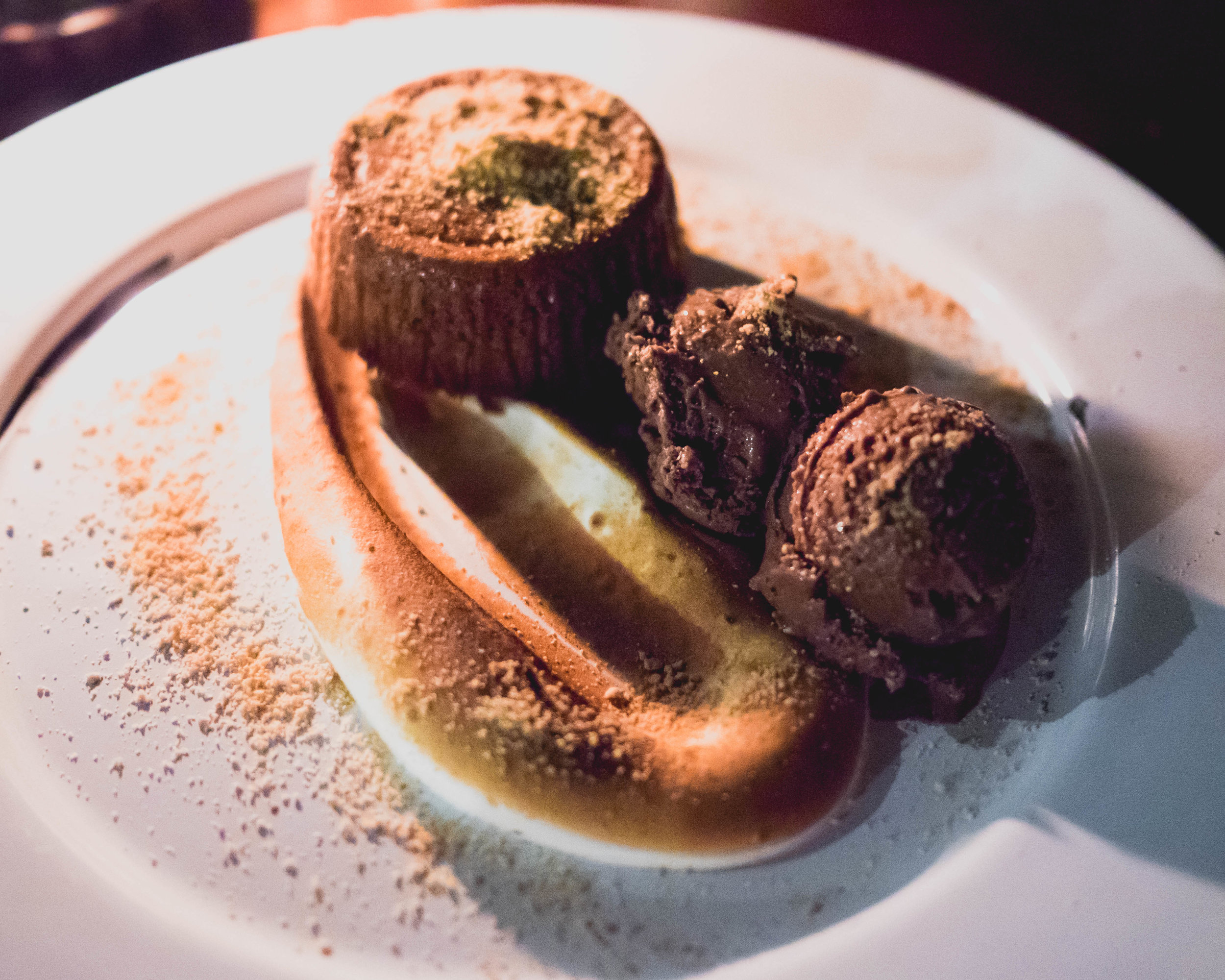 campfire chocolate : mesquite lava cake, graham crumbs, toasted marshmallow fluff, chocolate tequila ice cream.