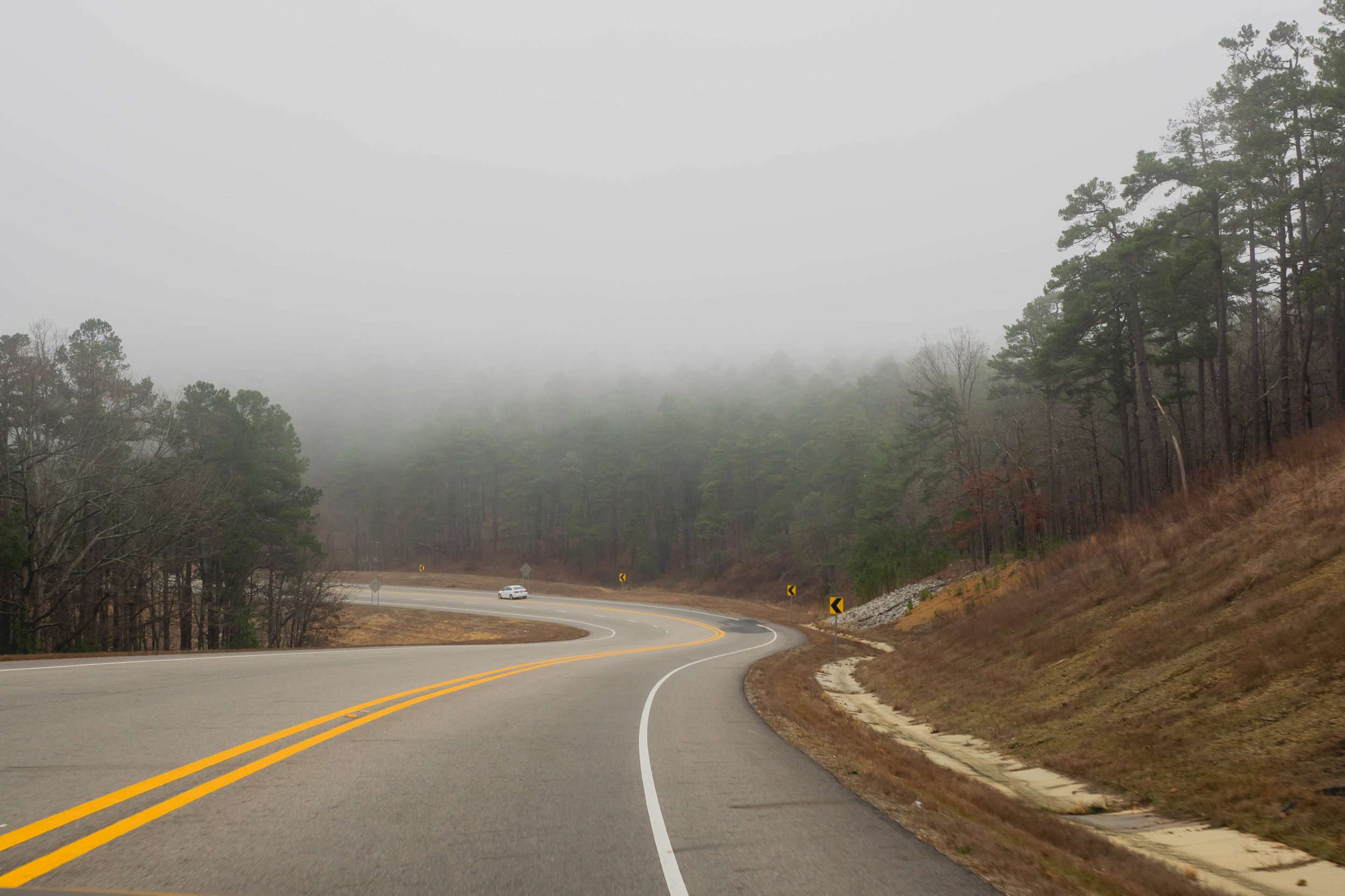 foggy arkansas mountain roads.