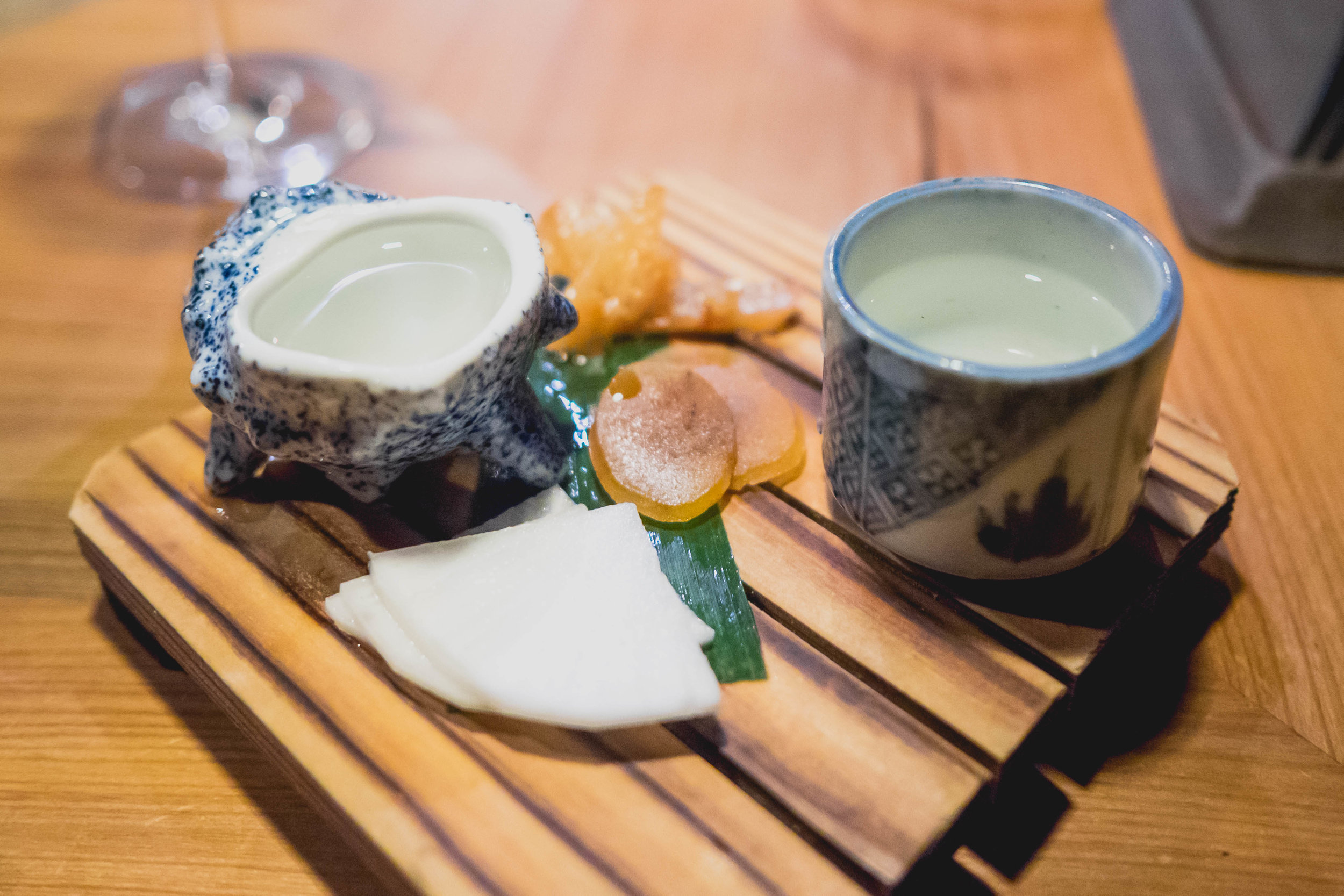 japanese caviar (karasumi), scallop cured in koji, sake.