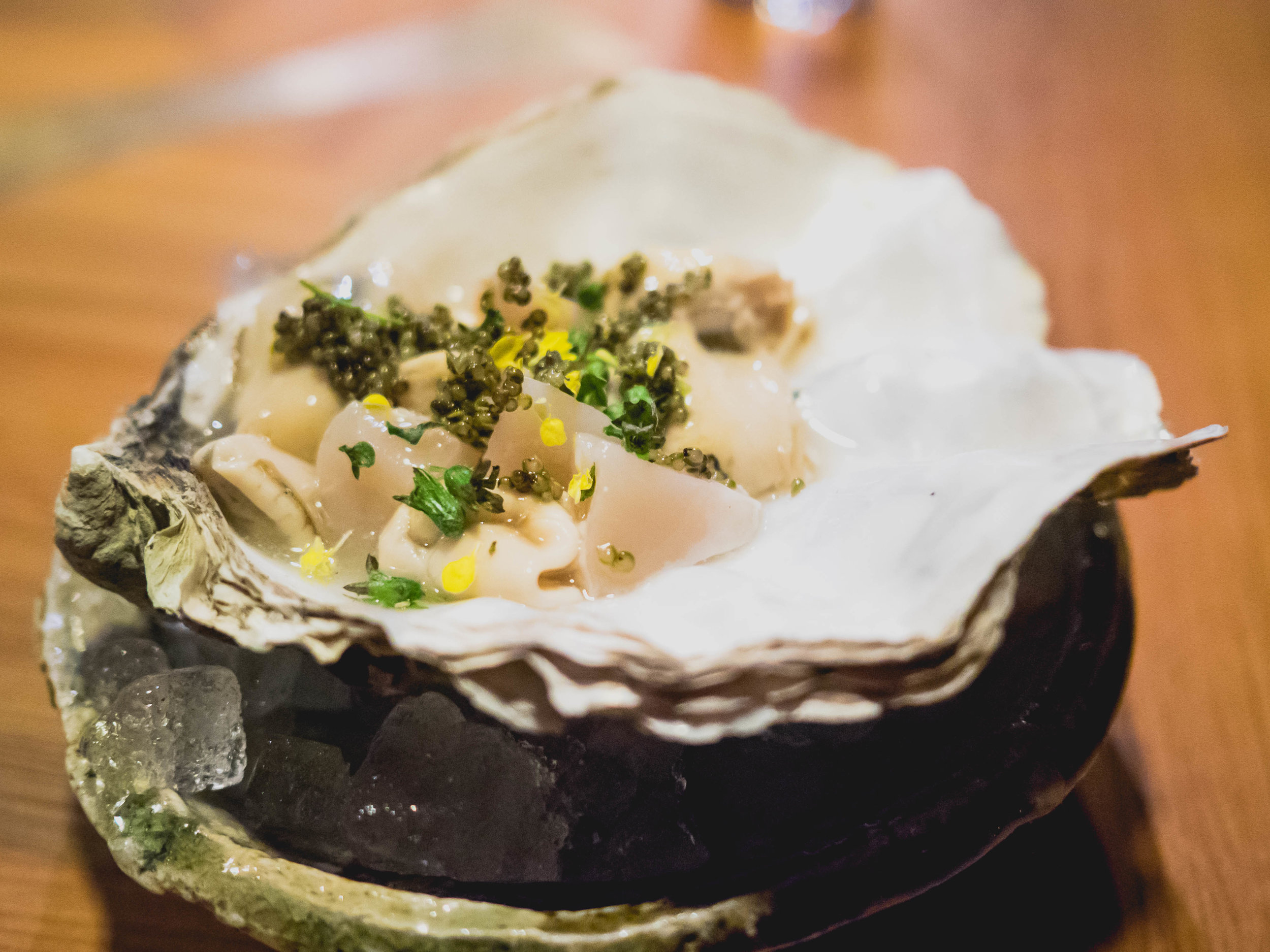 iwagaki oyster , fresh yuzu, shiso flower, mountain caviar.
