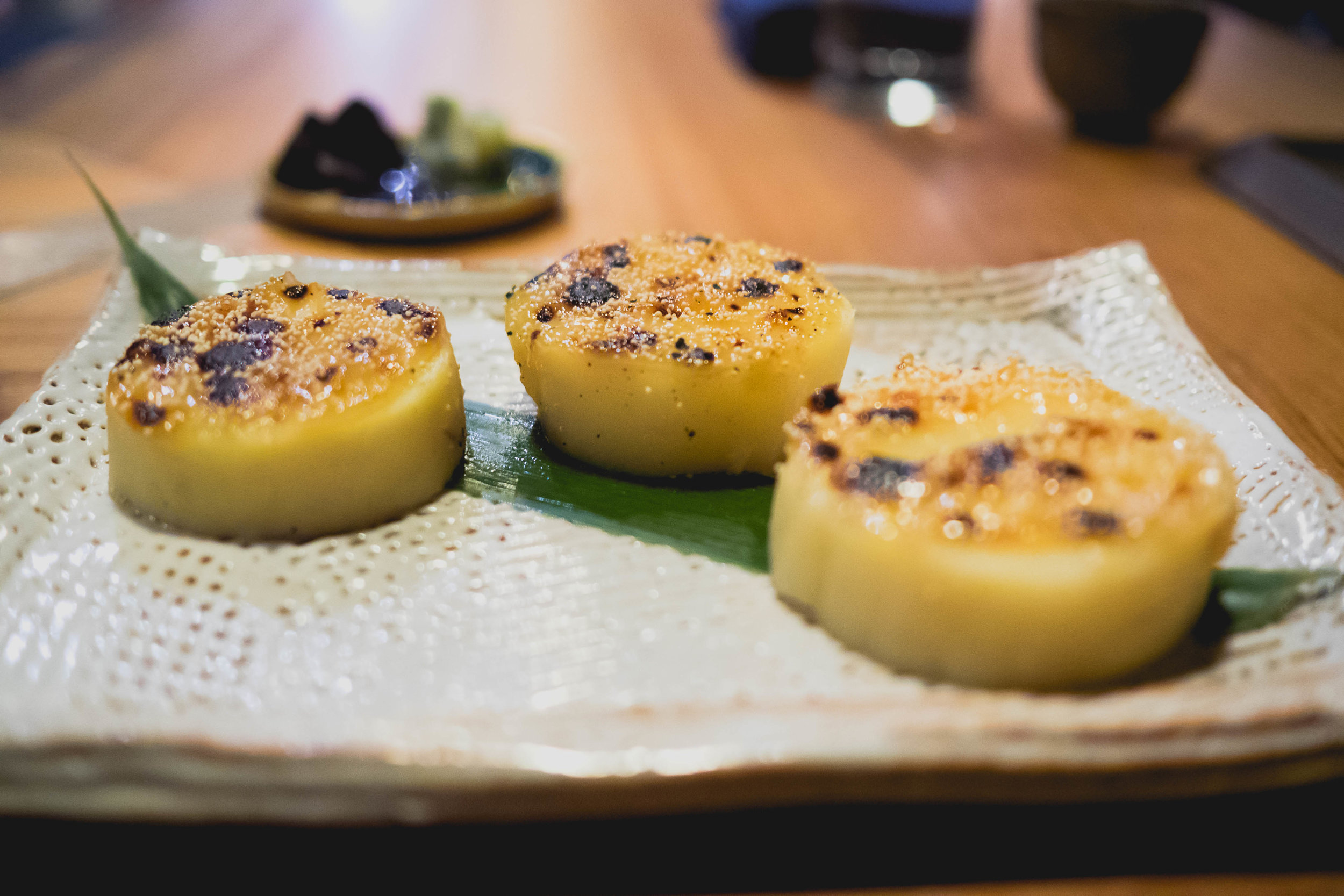 dengaku of japanese sweet potato, crusted with yuzu miso.
