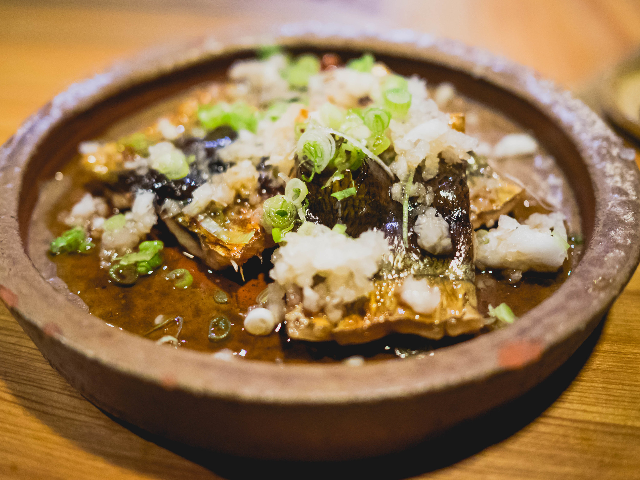 broiled sanma skinny mackerel , black vinegar.