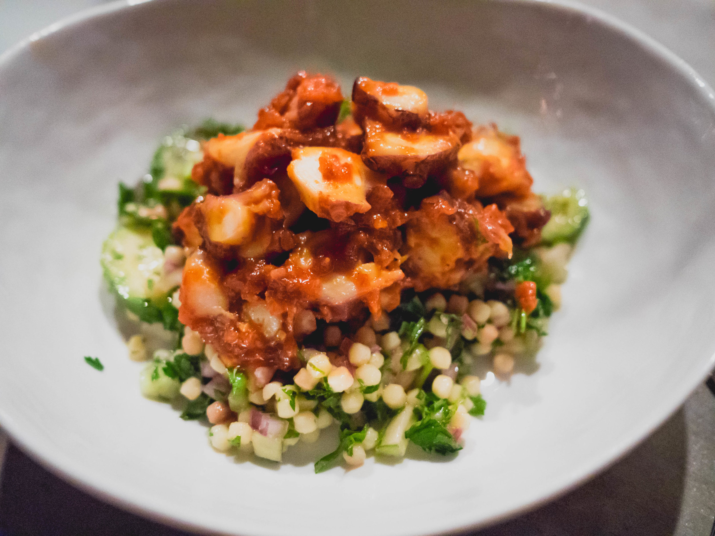 pulpo: octopus, fregola sarda insalata, 'nduja, mint, sherry vinegar.