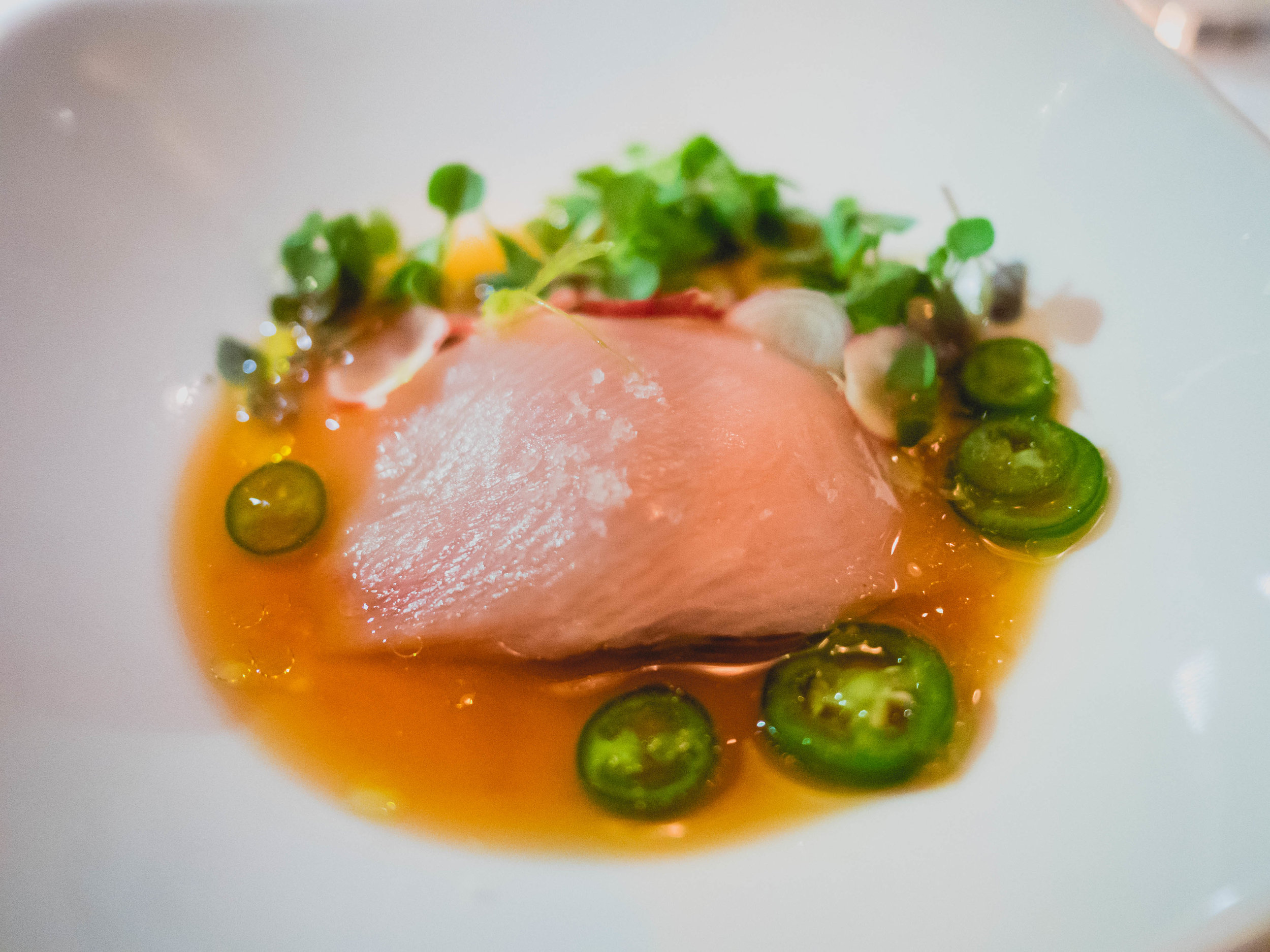 hamachi , ponzu, red radish, serrano, shiso.