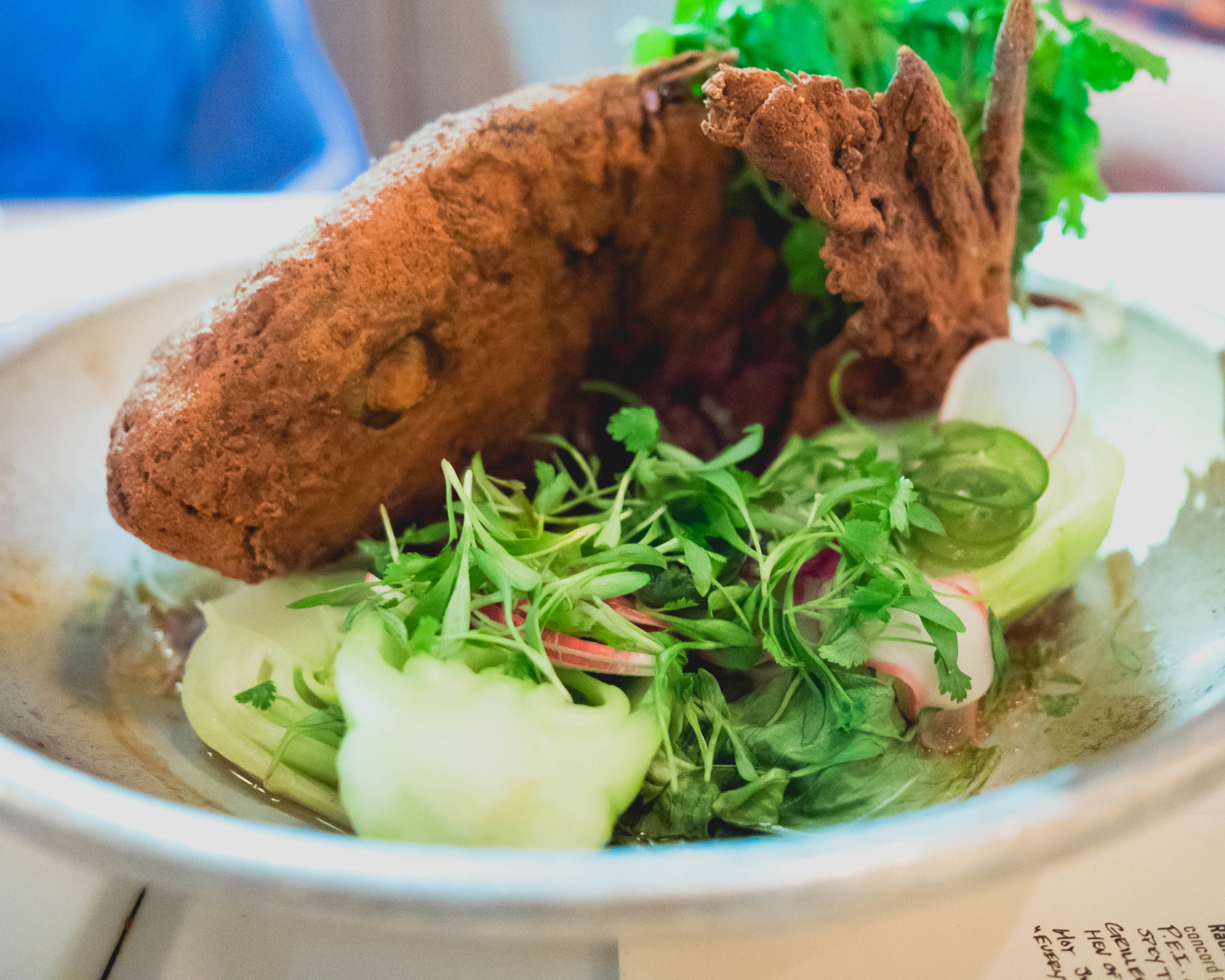 whole new zealand tai snapper with ginger, garlic, kaffir lime, bok choy.
