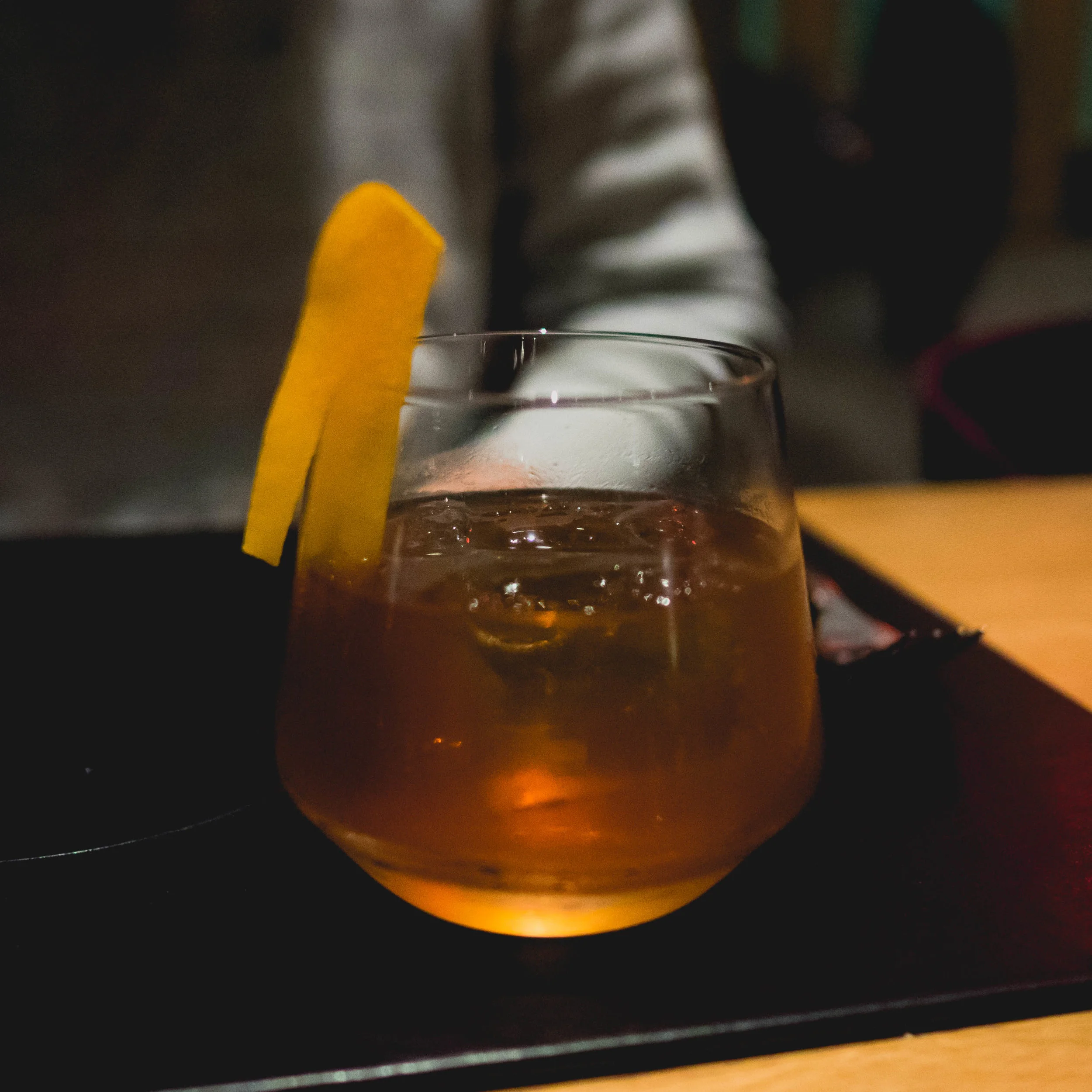 downtown: toasted hazelnut-infused old forester bourbon, pierre ferrand cognac, gilford abricot, demerara.