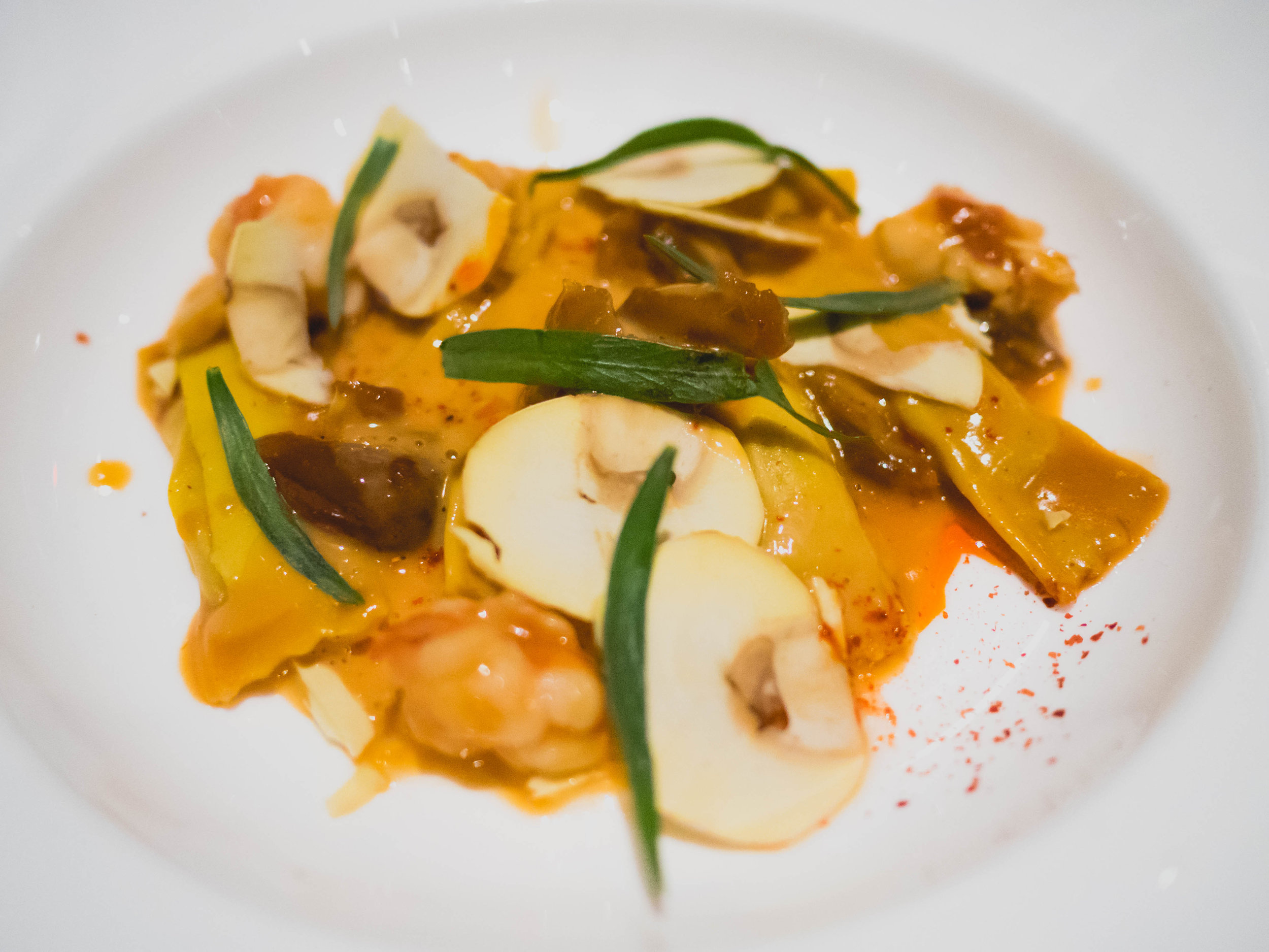 second course: chestnut agnolotti , marscarpone, lobster, tarragon.
