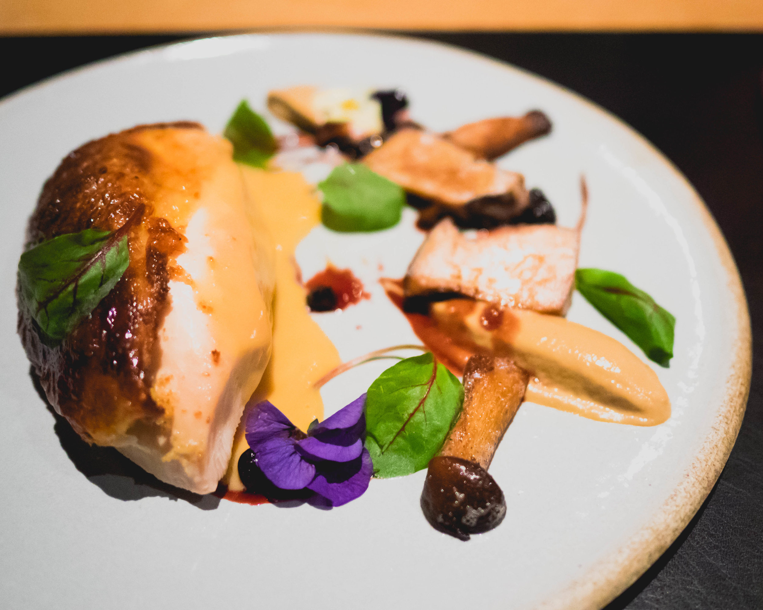 third course: young chicken breast , foie gras, black truffle, chanterelle mushrooms, jus gras.