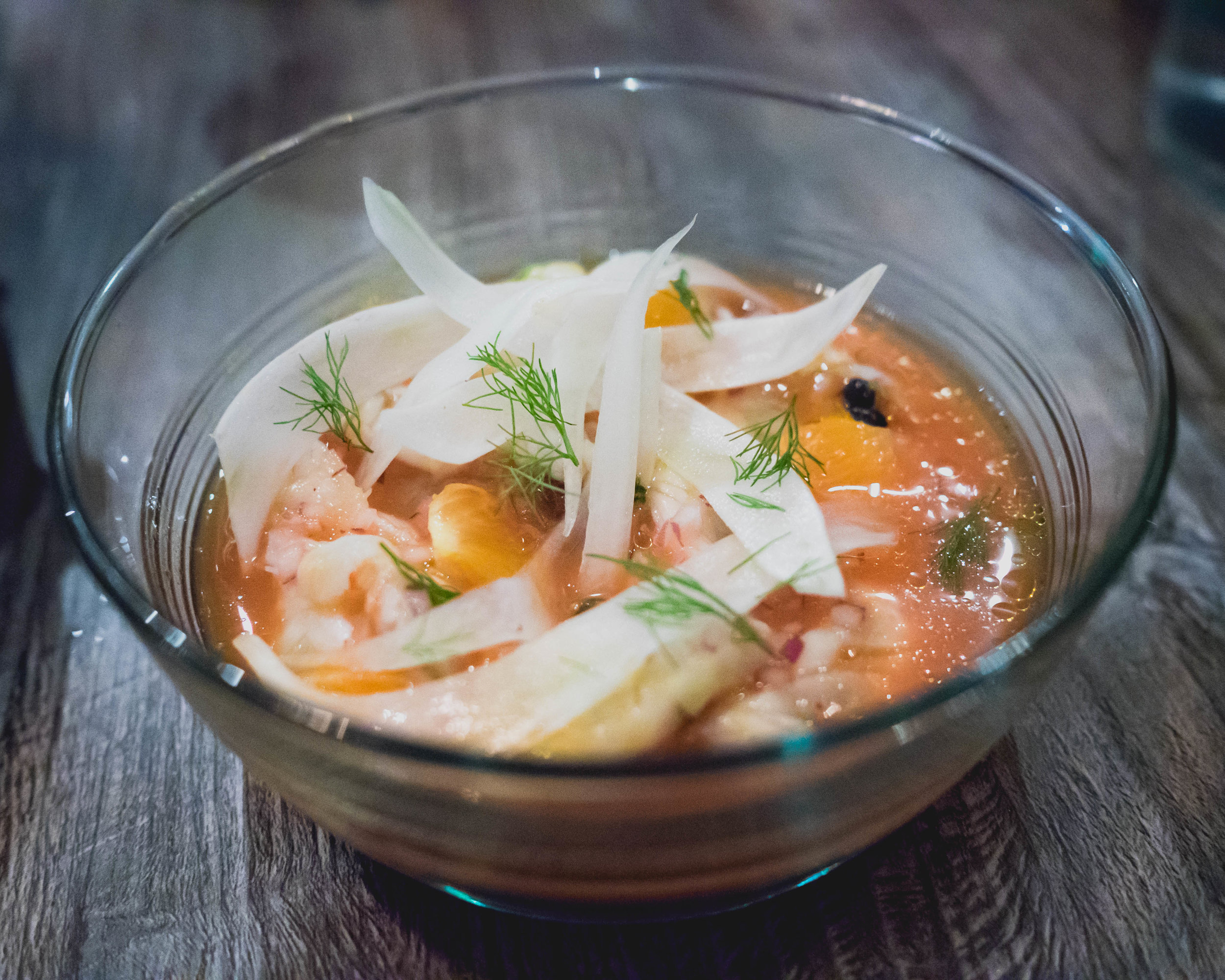 prawns ceviche , passionfruit, orange, guava, aguachile.