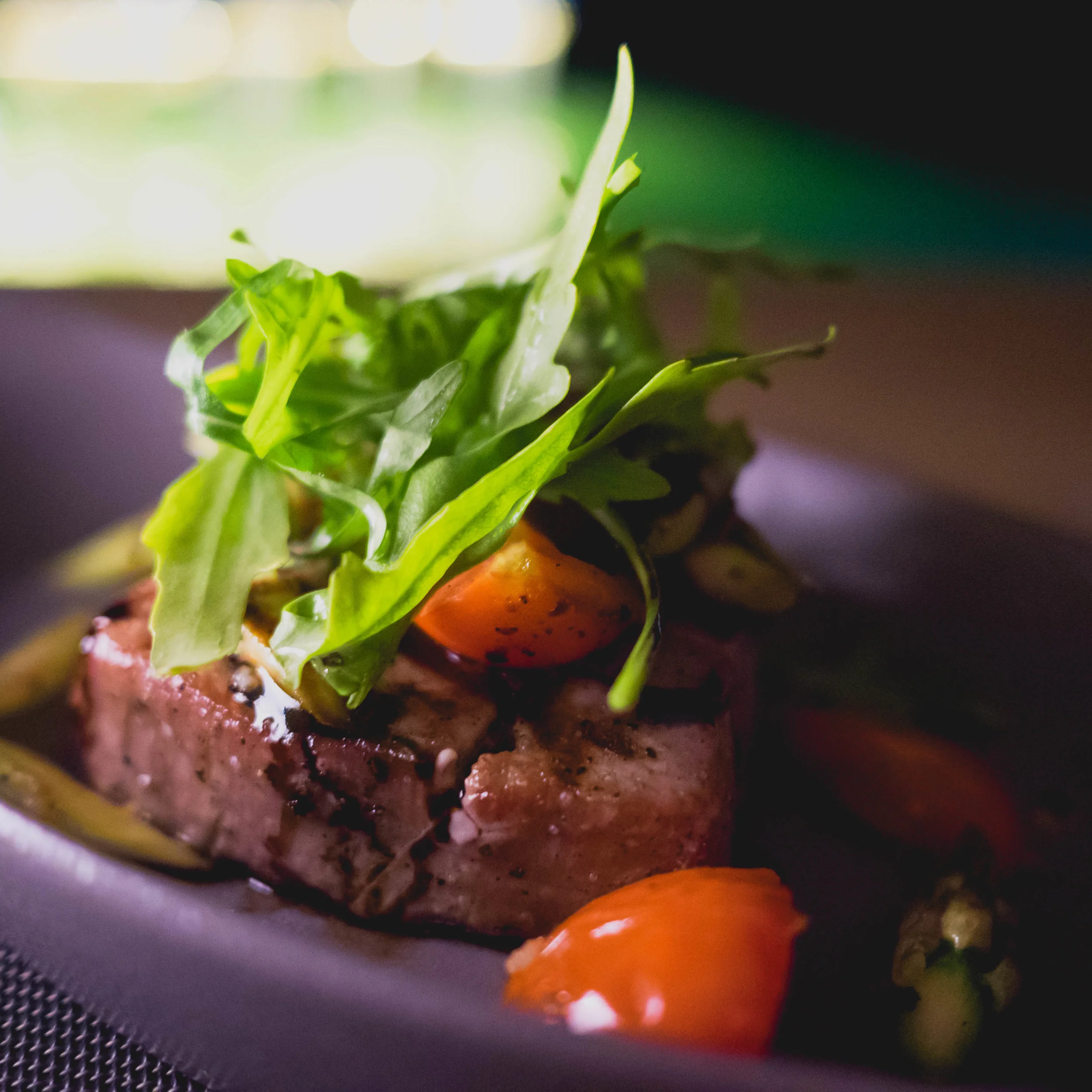 maldivian tuna steak with tomatoes and balsamic vinegar.