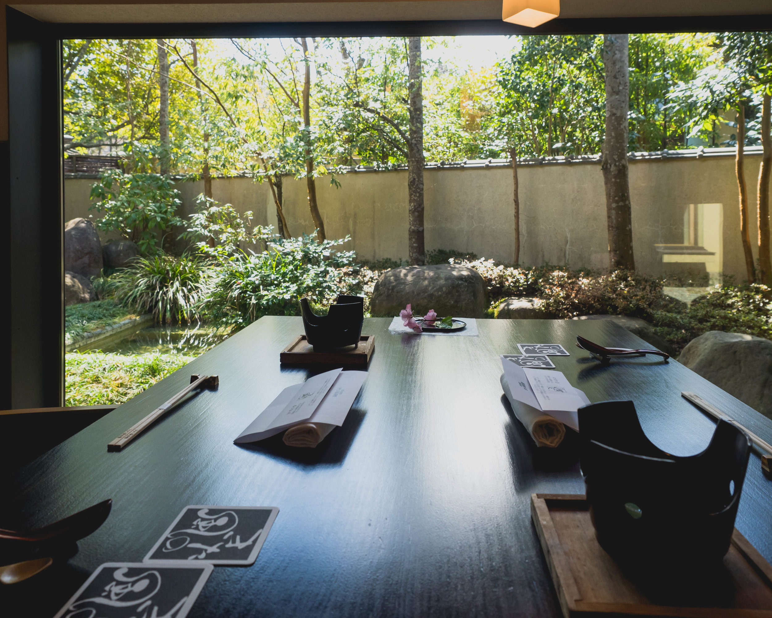 private dining room with a japanese garden view.