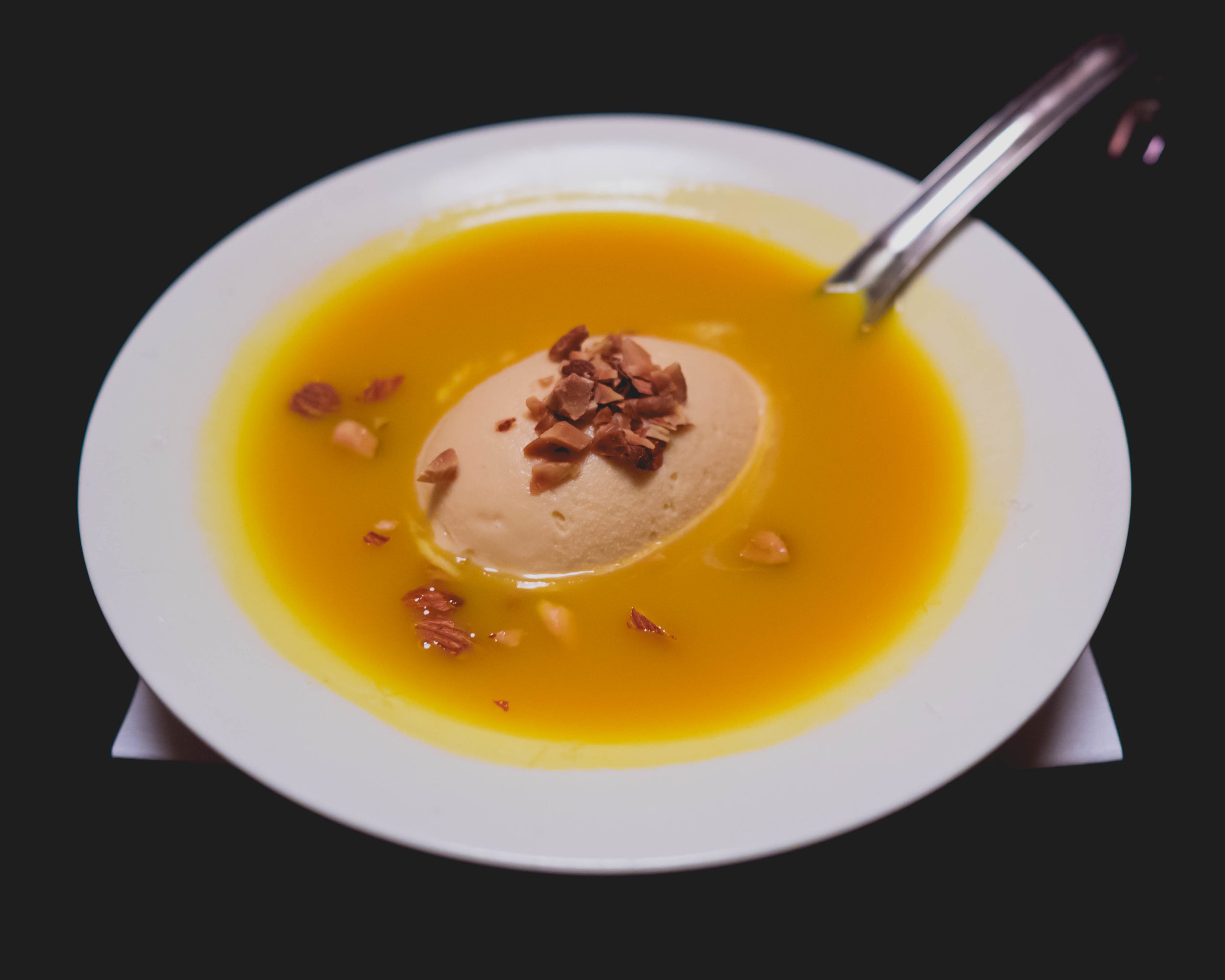 almond ice cream , mango soup.