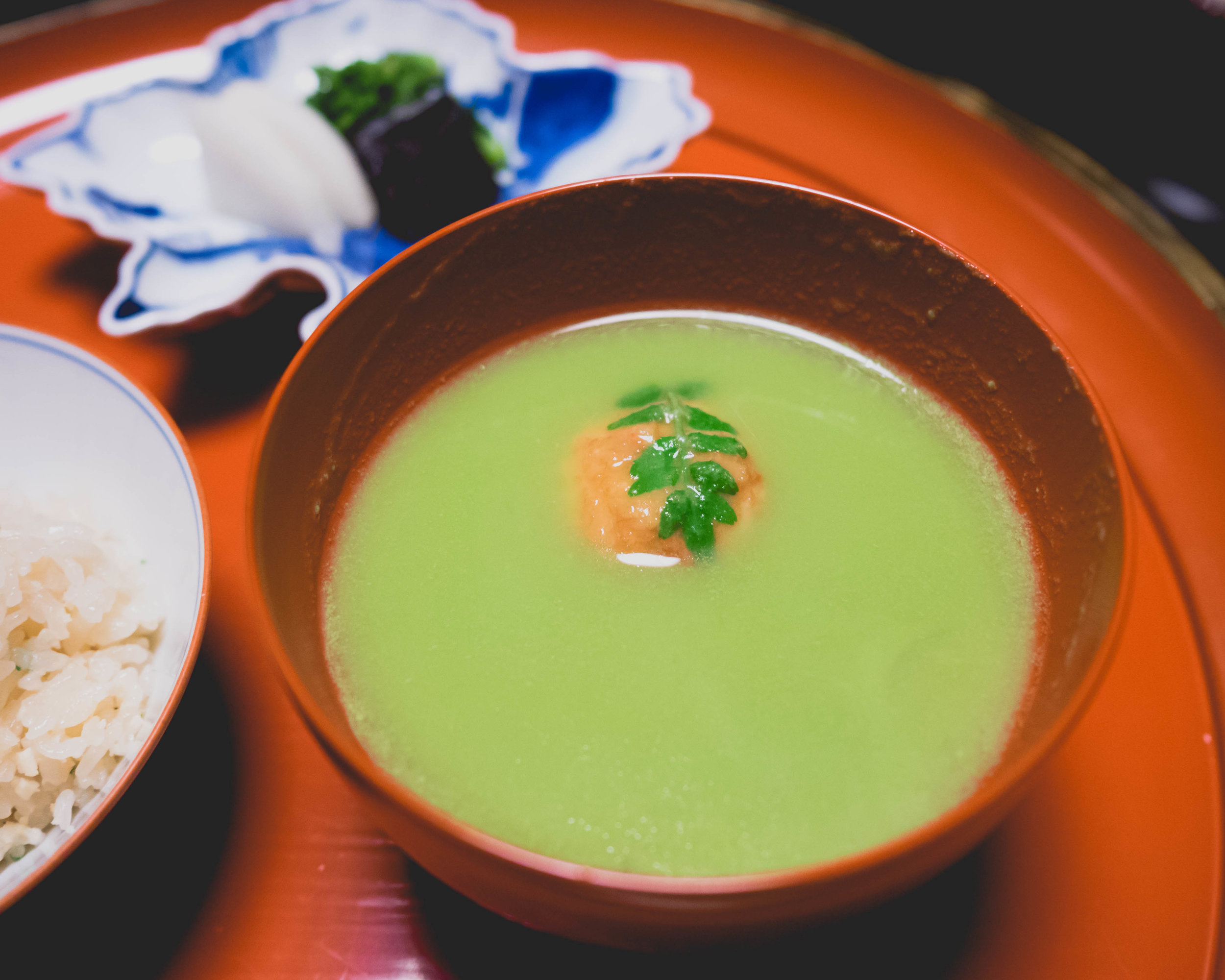 green pea soup , deep fried shrimp dumpling, udo stalk.