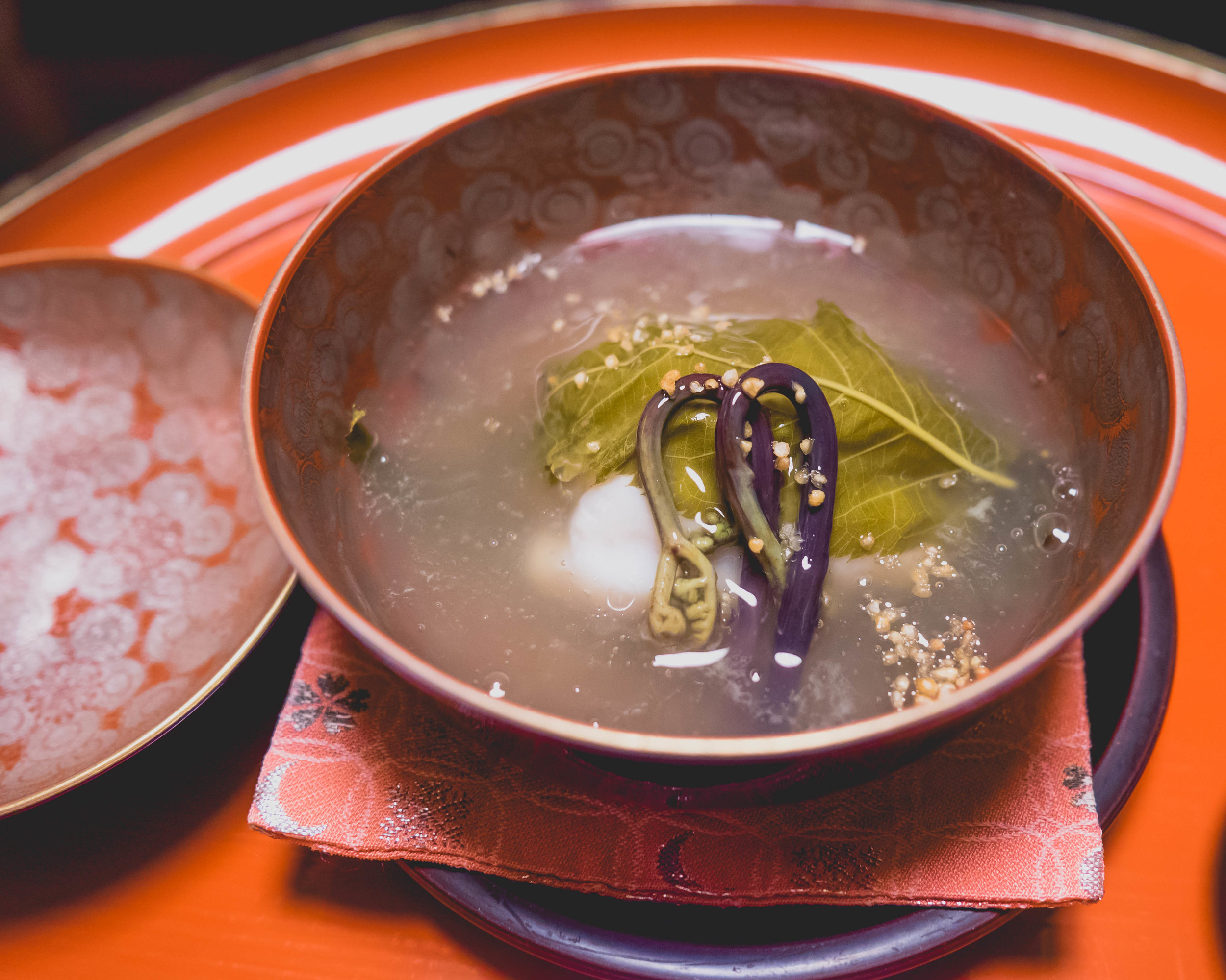 steamed tilefish, sticky rice , bamboo shoot, cherry leaf, bracken fern heads, toasted rice crackers, ginger juice.