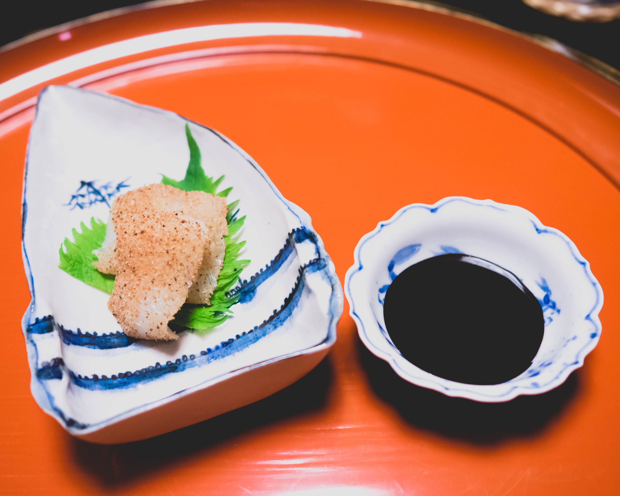 sashimi of cuttlefish ; entrails and soy-marinated egg yolk sauce.