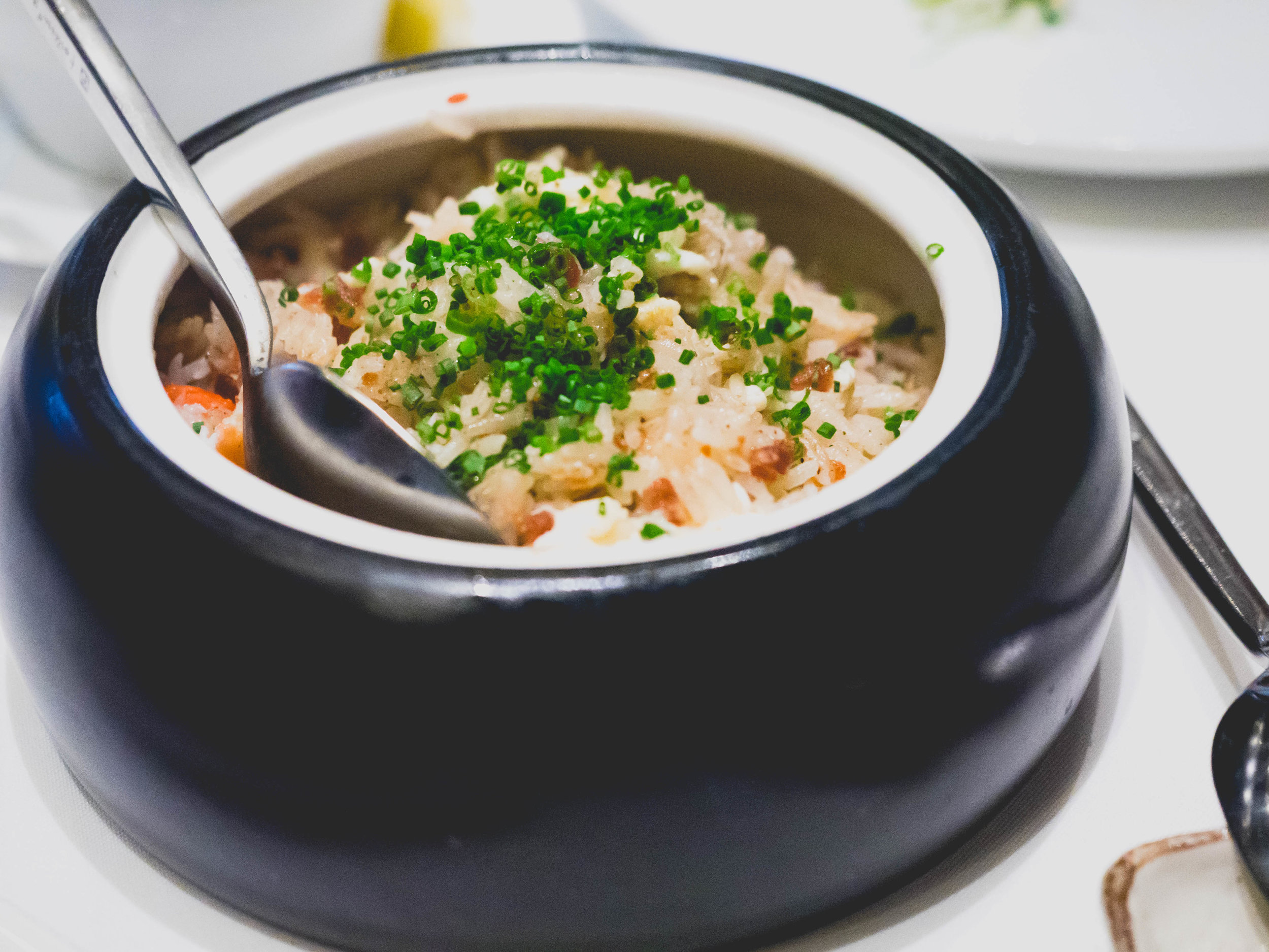 fried rice with lap xuong, egg white, chive, king crab.