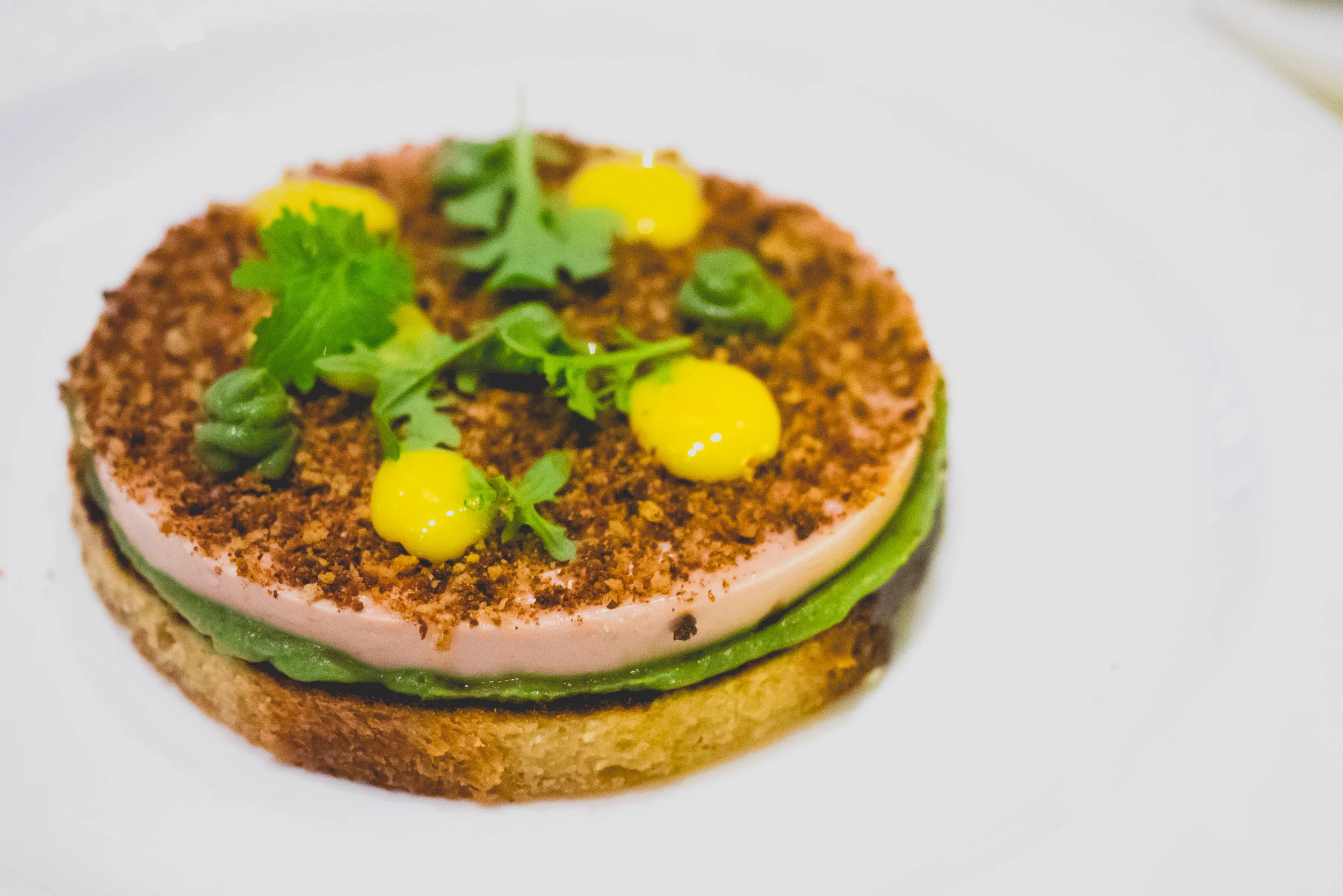 chilled foie gras on kaya toast, pandan gel, soy egg yolk emulsion.