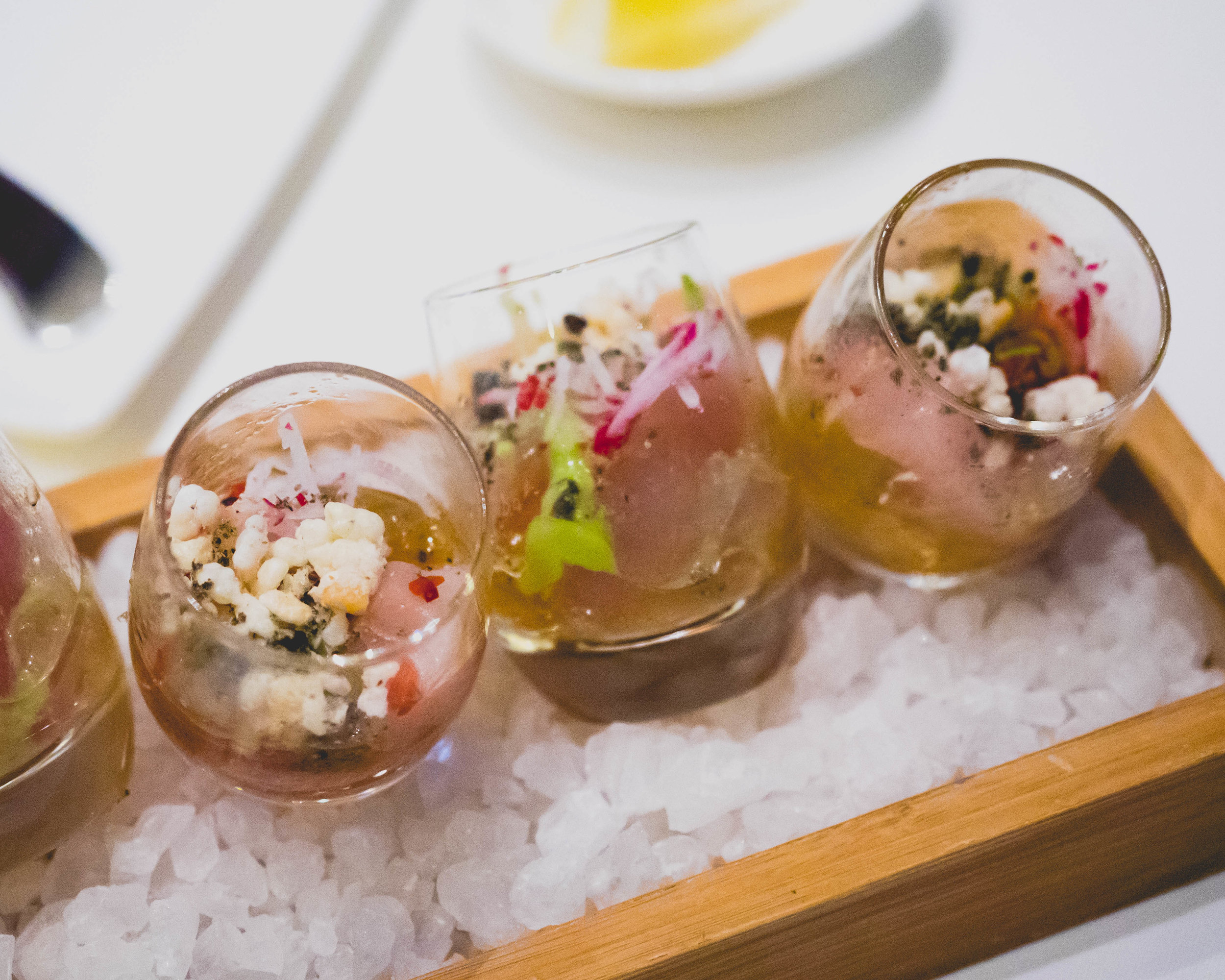 close-up of hamachi shots .