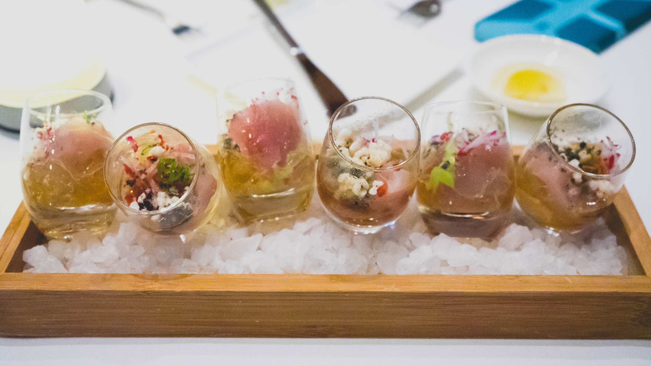 hamachi shots 3.0 : dashi, avocado, fresno, ponzu, negi, arare.