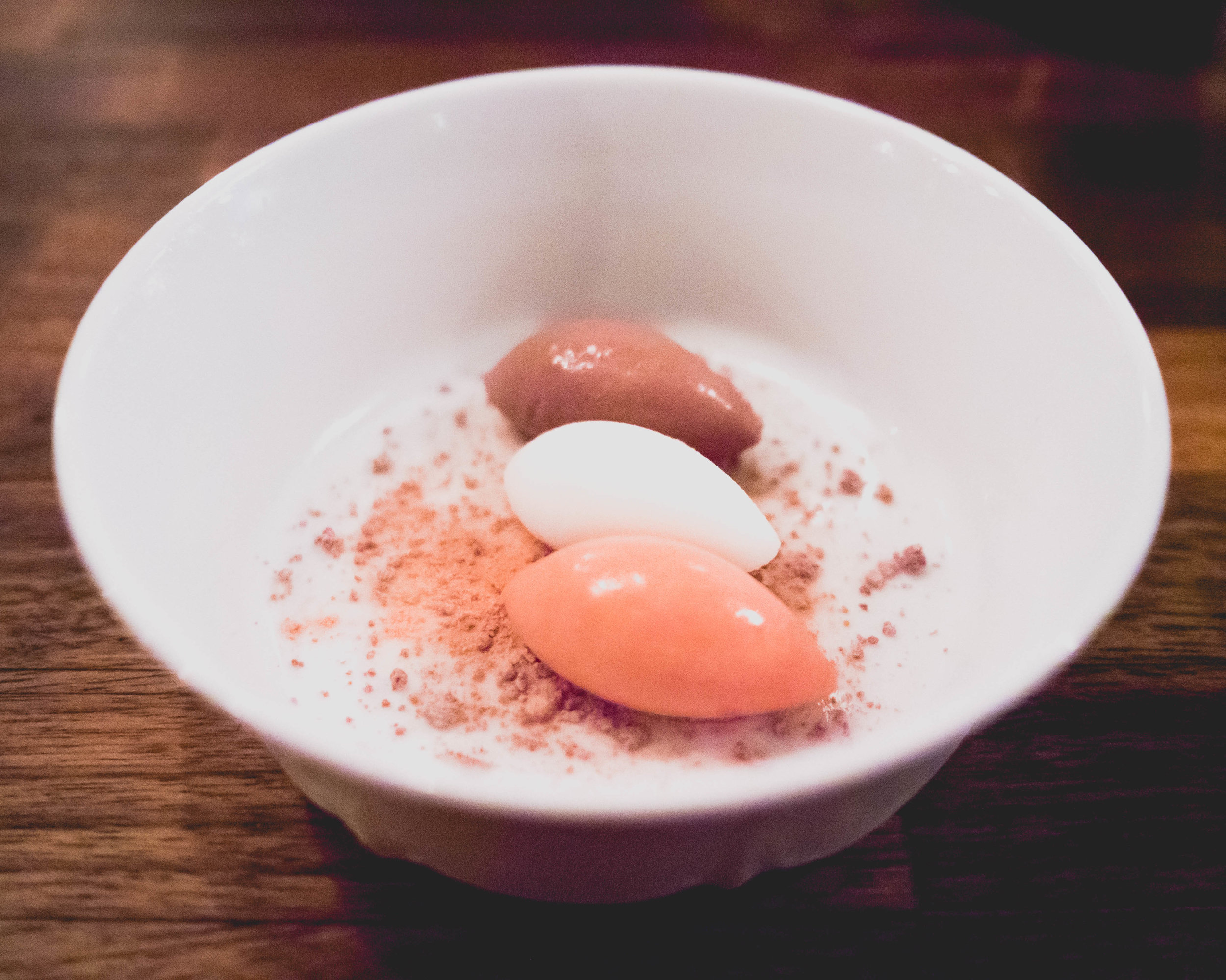 trio of sorbets (chocolate, vanilla, strawberry).