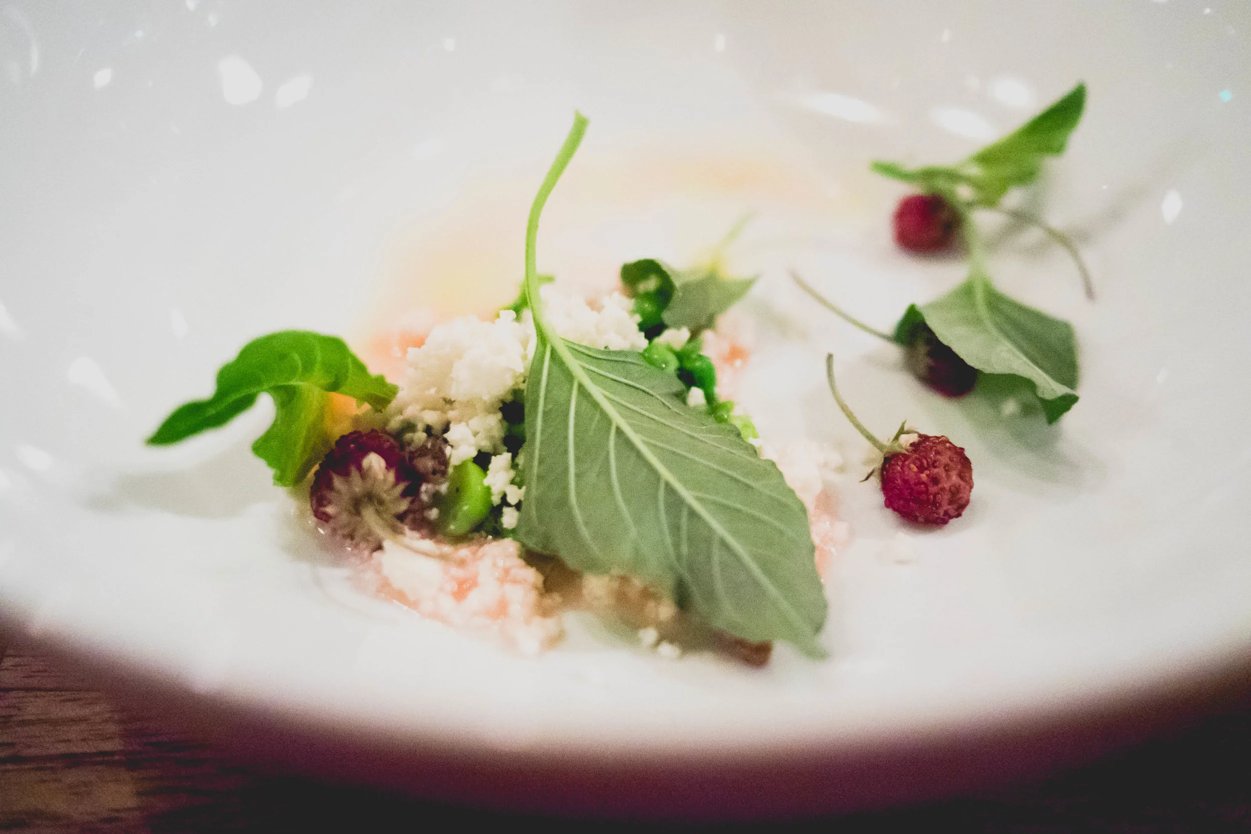 peas, mint, amaranth, curds.