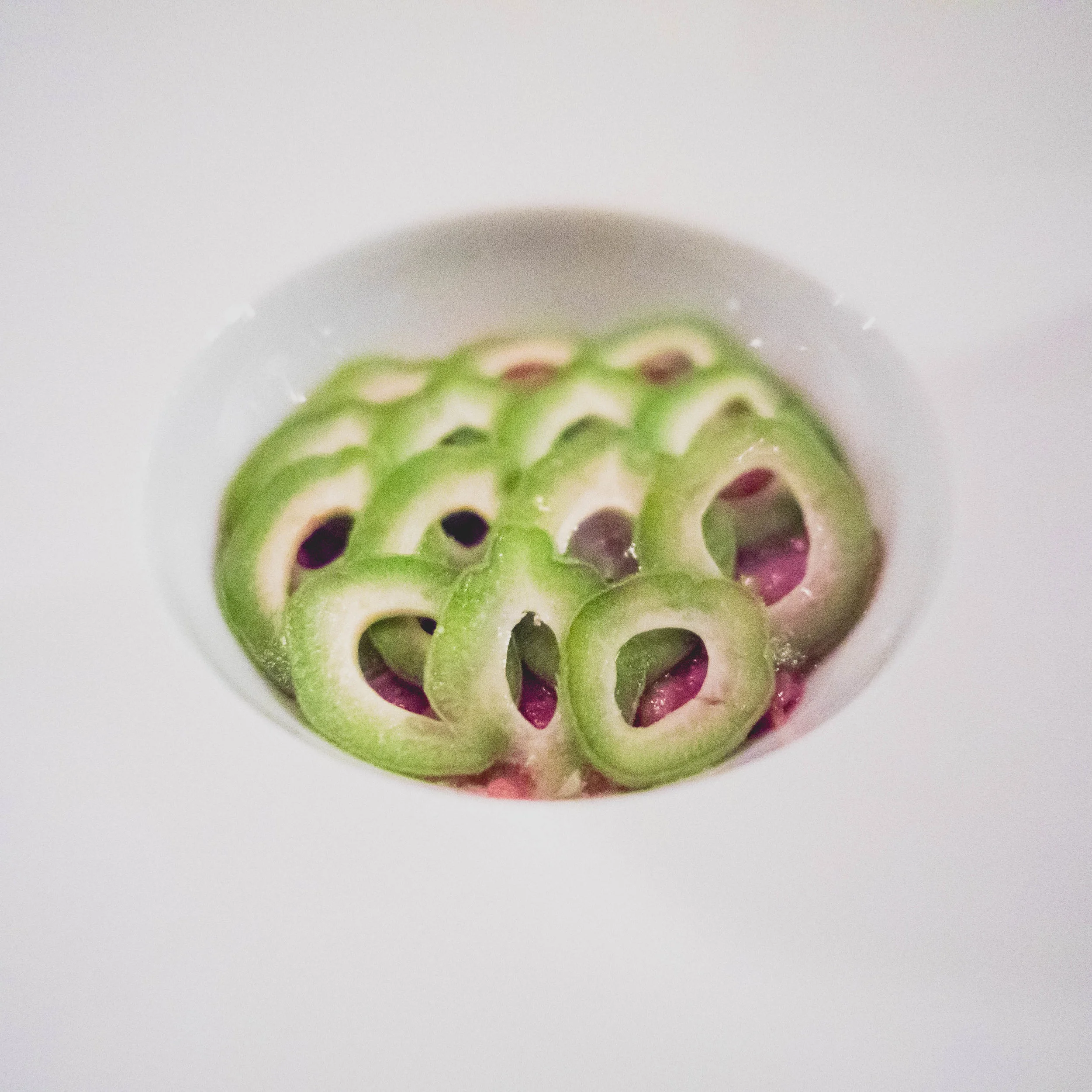 veal tartare, green almonds.