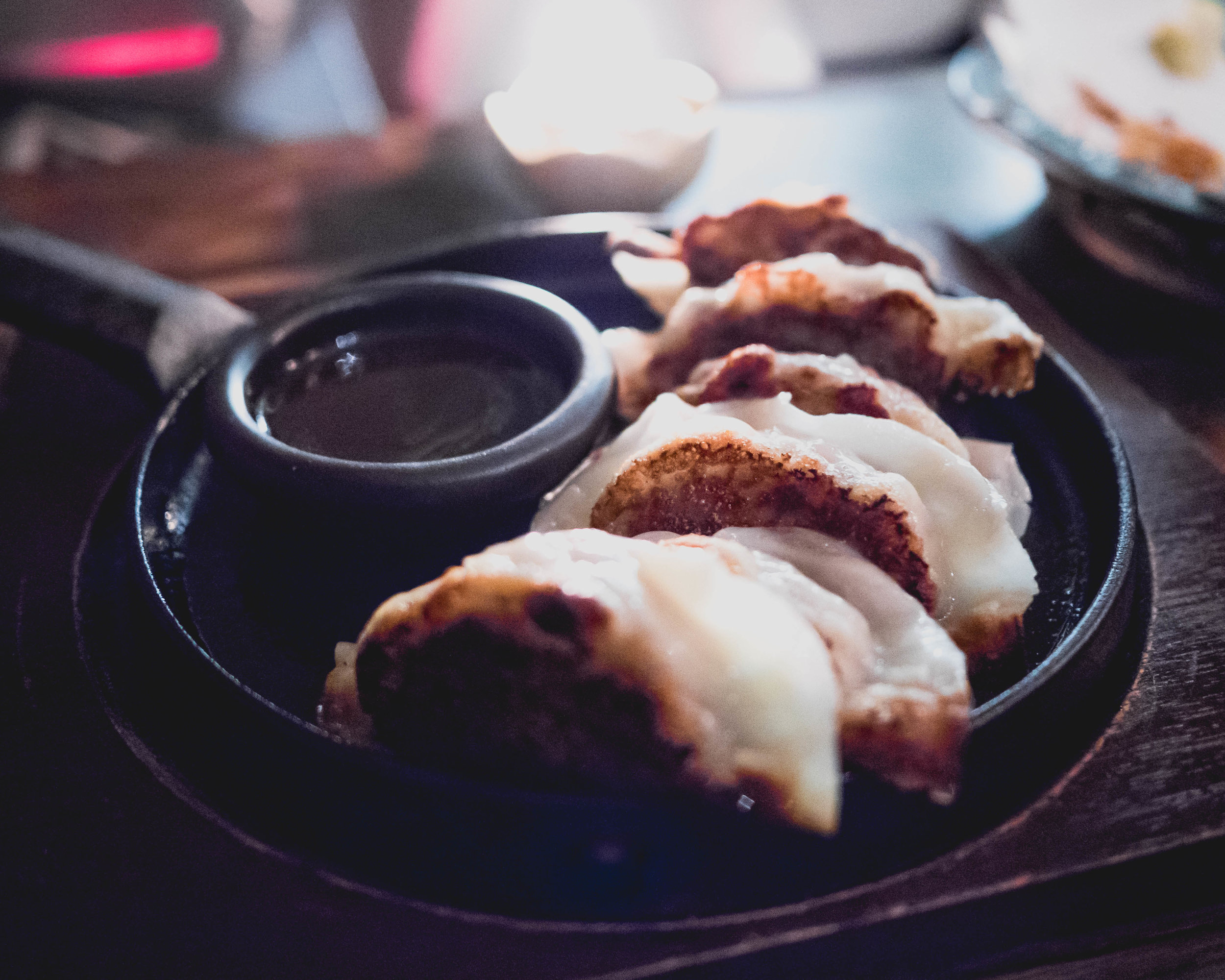 gyoza : pan-fried pork dumplings, aged riesling vinegar.