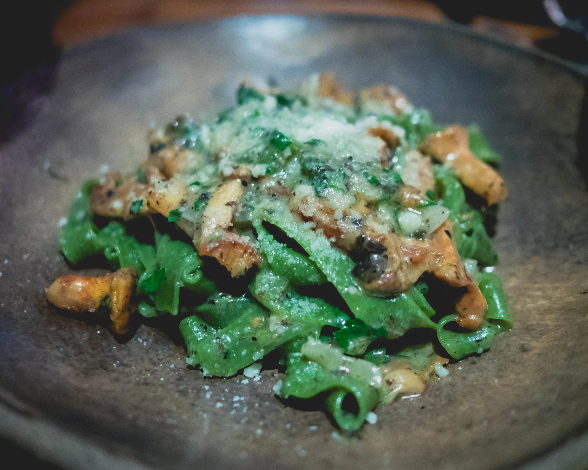 spinach tagliatelle , tartufata, wild porcini mushrooms, spring onions, parsley.