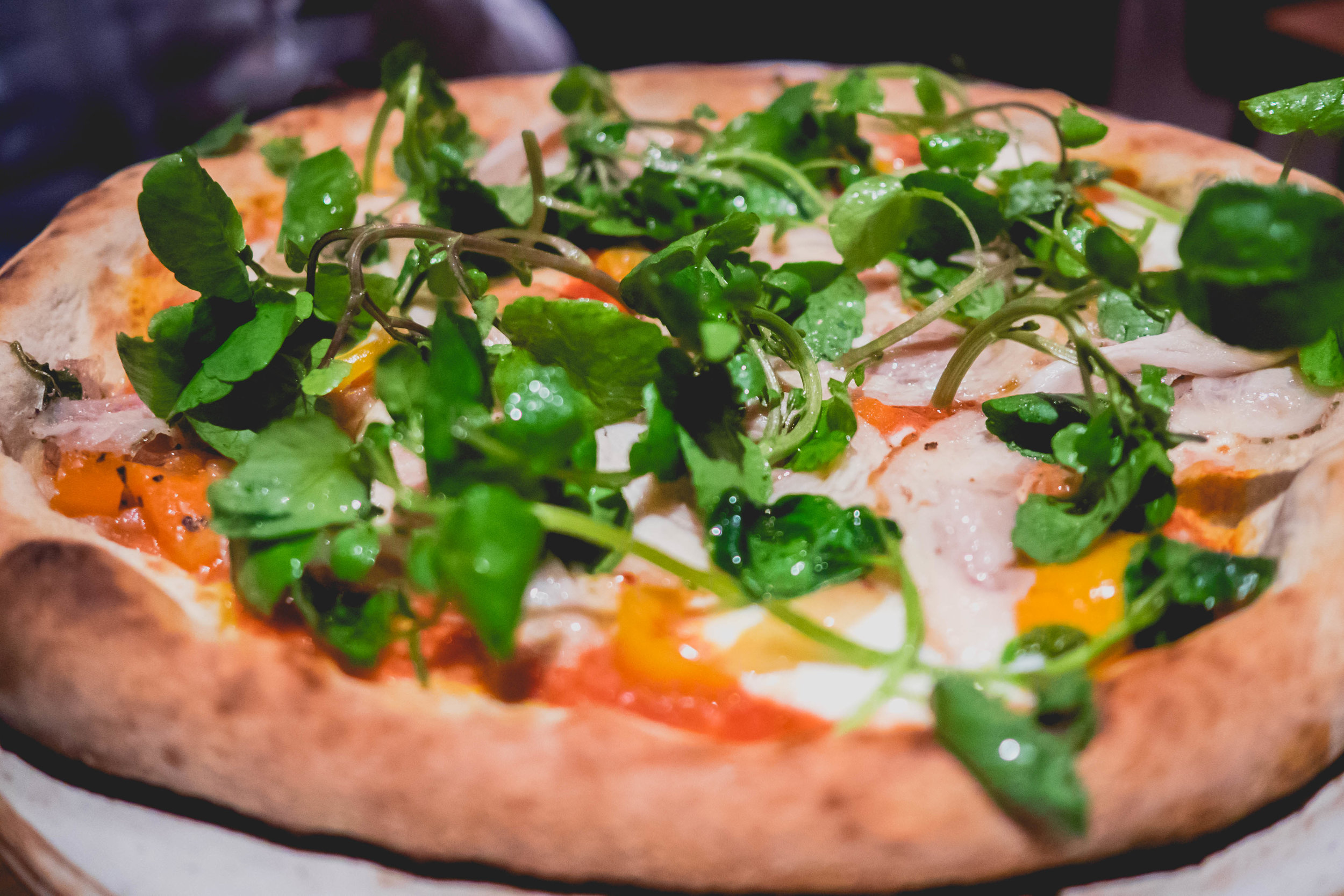 porchetta pizza with tomatoes, summer peppers, torpedo onions, gorgonzola, sausalito watercress.
